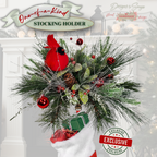 Cardinal Stocking Holder Hero Image
Handmade Christmas stocking holder with red cardinal, frosted greenery, pinecones, and ornaments. Symbol of remembrance for loved ones, a unique holiday mantel décor keepsake with strong metal hook.