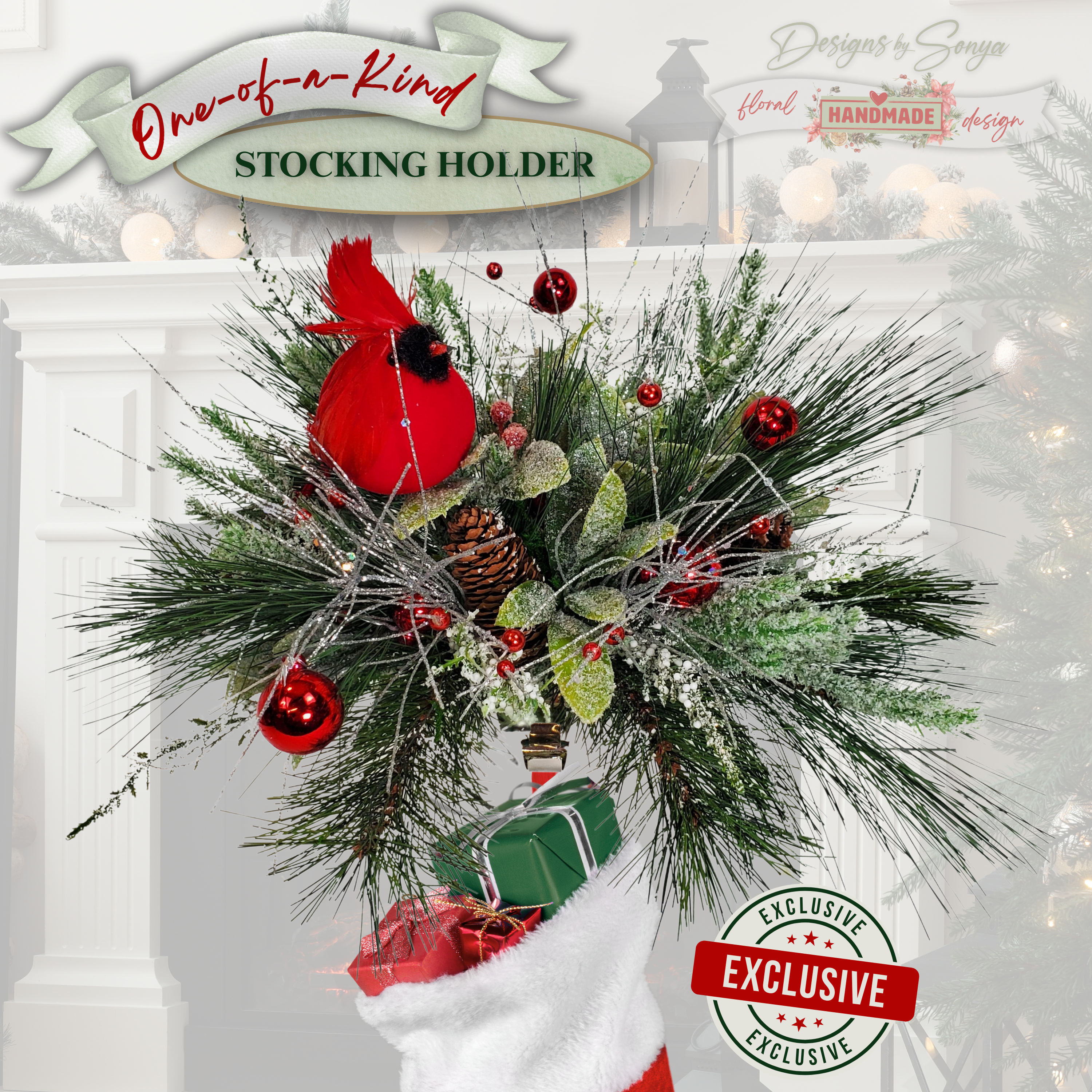 Cardinal Stocking Holder Hero Image
Handmade Christmas stocking holder with red cardinal, frosted greenery, pinecones, and ornaments. Symbol of remembrance for loved ones, a unique holiday mantel décor keepsake with strong metal hook.