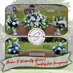 White and Blue Custom Cemetery Vase Arrangements
Elegant custom-designed silk cemetery vase arrangements featuring white lilies, roses, and blue delphiniums, displayed beside a matching headstone saddle. Premium all-weather florals crafted to honor a loved one’s memory, shown in a peaceful cemetery setting.