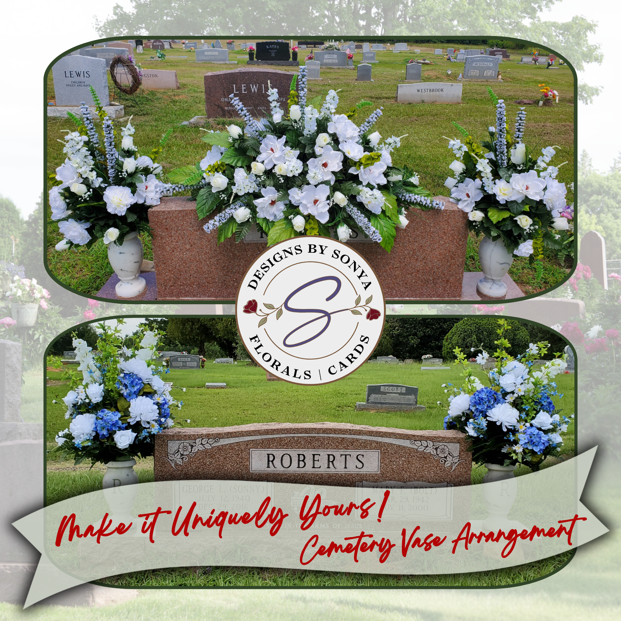 White and Blue Custom Cemetery Vase Arrangements
Elegant custom-designed silk cemetery vase arrangements featuring white lilies, roses, and blue delphiniums, displayed beside a matching headstone saddle. Premium all-weather florals crafted to honor a loved one’s memory, shown in a peaceful cemetery setting.