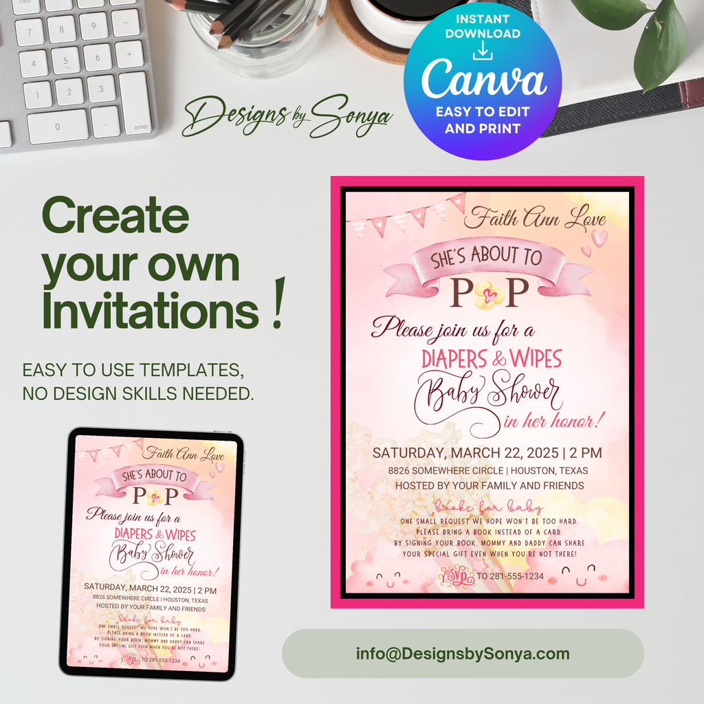 She’s About to Pop Baby Shower Invitation | Editable Canva Template | Pink Watercolor Balloon Theme | Custom Party Printable 5x7 Invite