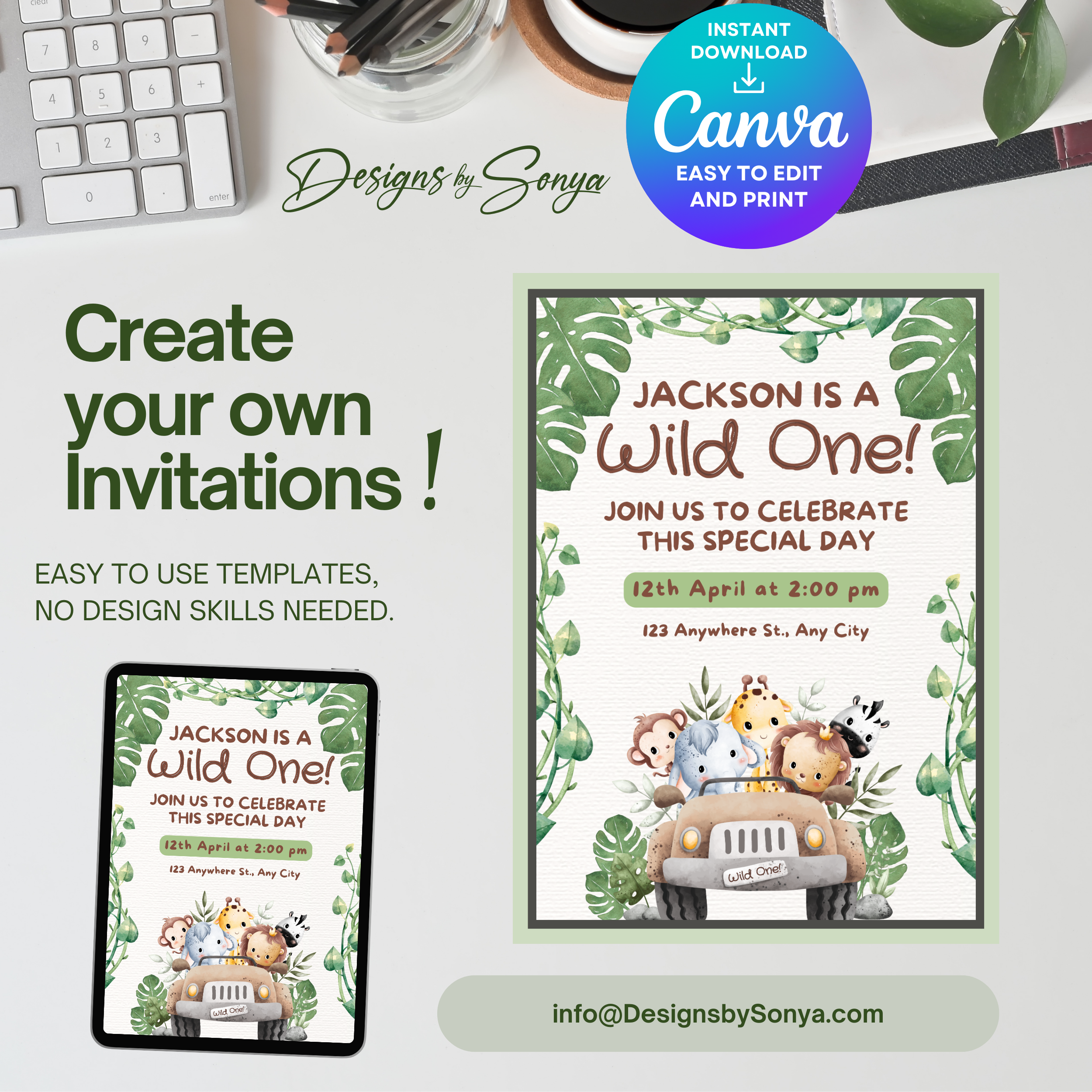Wild One Safari Birthday Invitation | Jungle Animal Party Invite | Editable Canva Template | Printable 5x7 Kids Birthday Invitation Digital Download