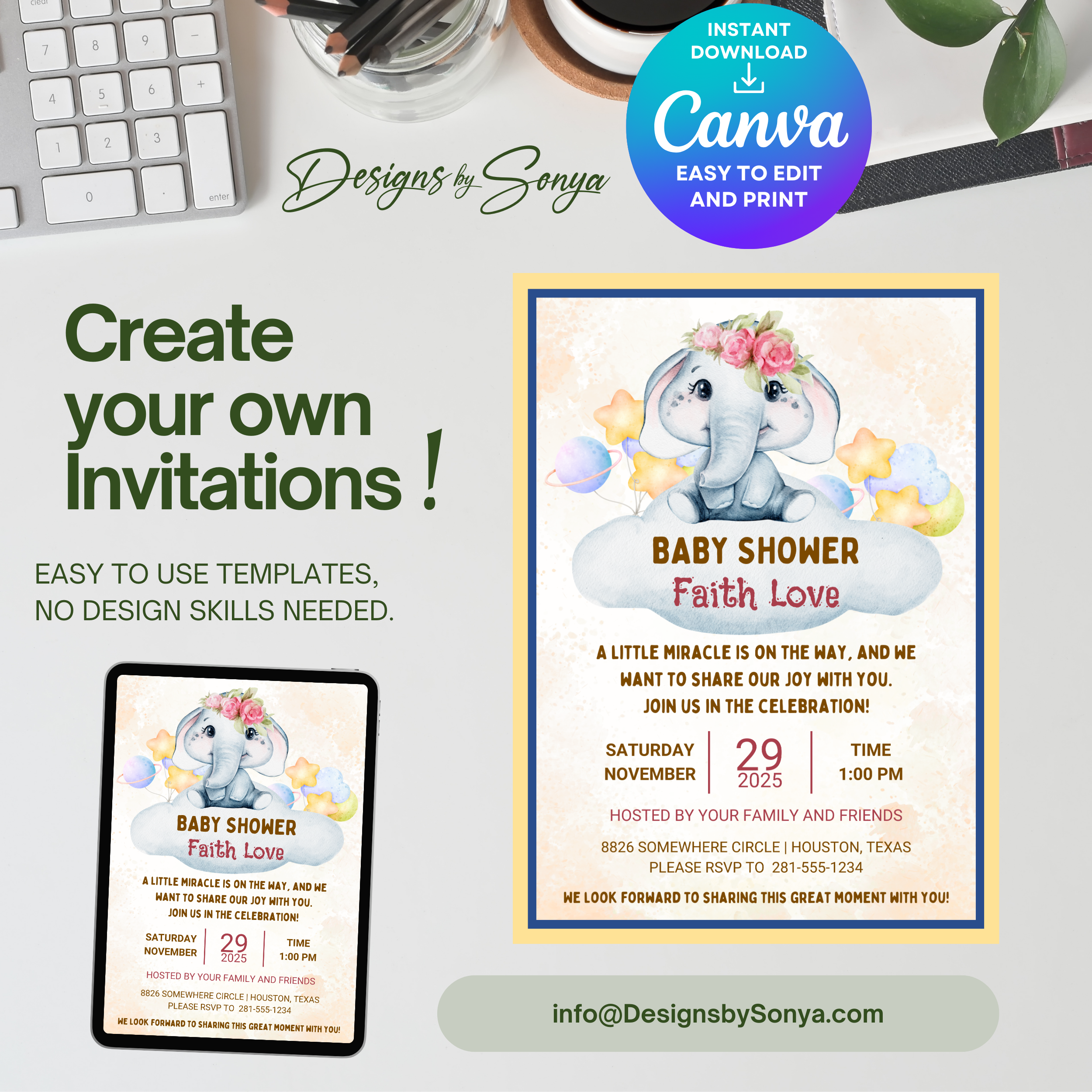 Elephant Baby Shower Invitation Template | Cute Gender Neutral Canva Invite | Editable 5x7 Printable Baby Shower Digital Download for Parents & Hosts