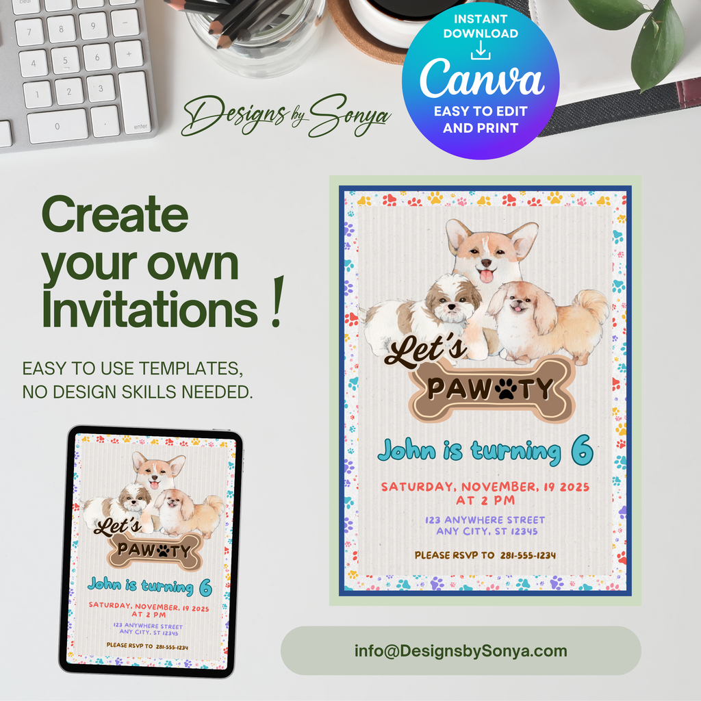 Dog Birthday Party Invitation | Let’s Pawty Editable Canva Template | Printable Pet-Themed Kids Birthday Invite | Cute 5x7 Digital Download