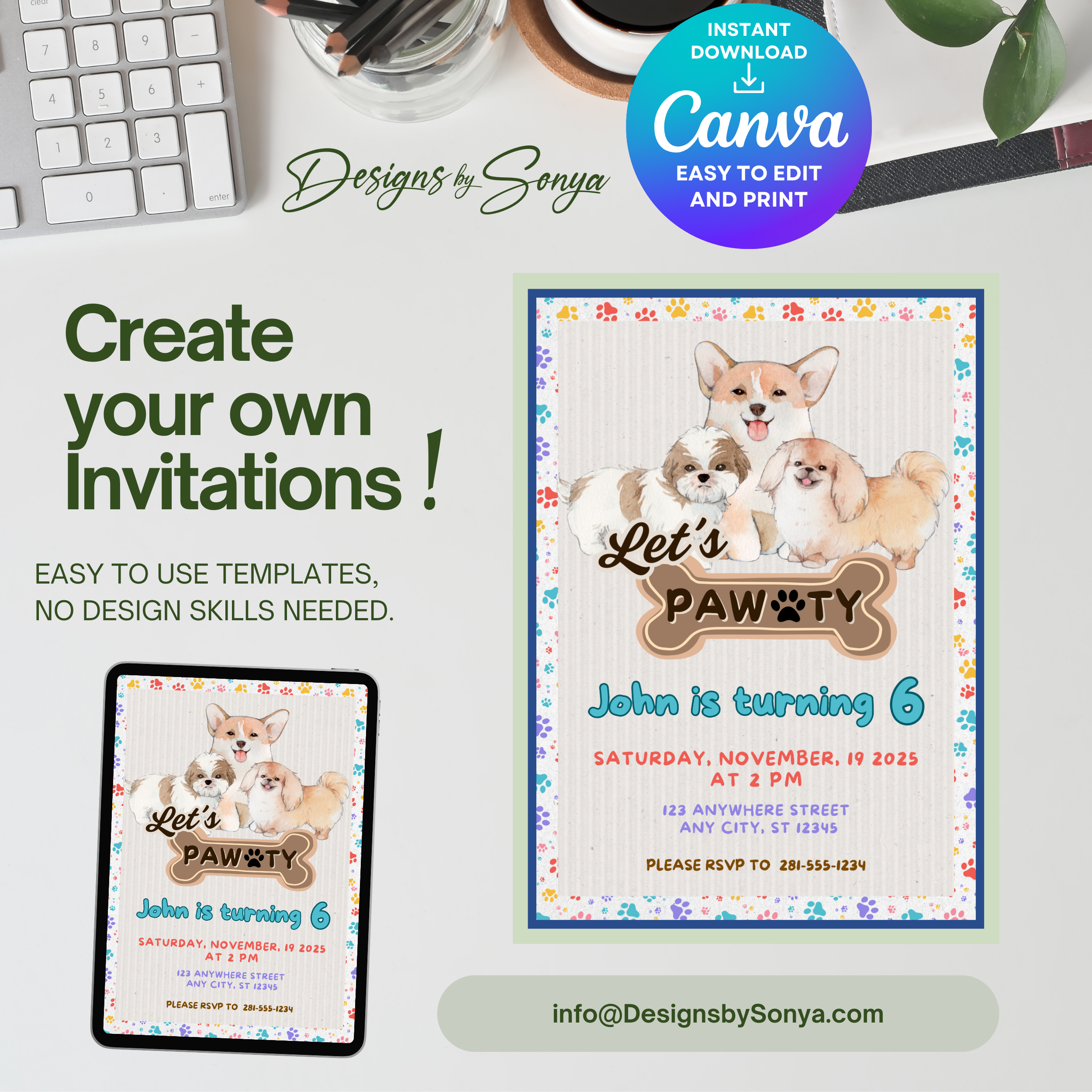 Dog Birthday Party Invitation | Let’s Pawty Editable Canva Template | Printable Pet-Themed Kids Birthday Invite | Cute 5x7 Digital Download