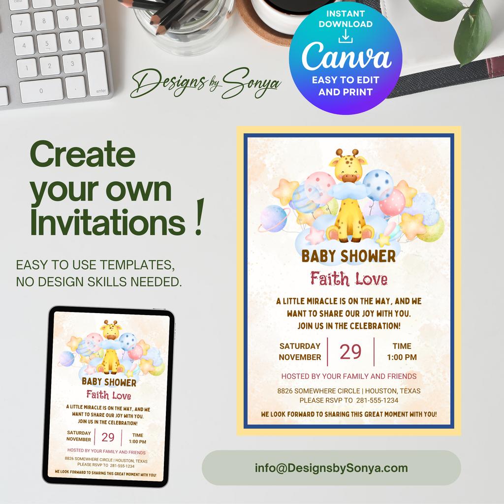 Giraffe Baby Shower Invitation Template | Cute Gender Neutral Baby Shower Invite | Editable Canva Design | Printable 5x7 Digital Download for Parents & Hosts