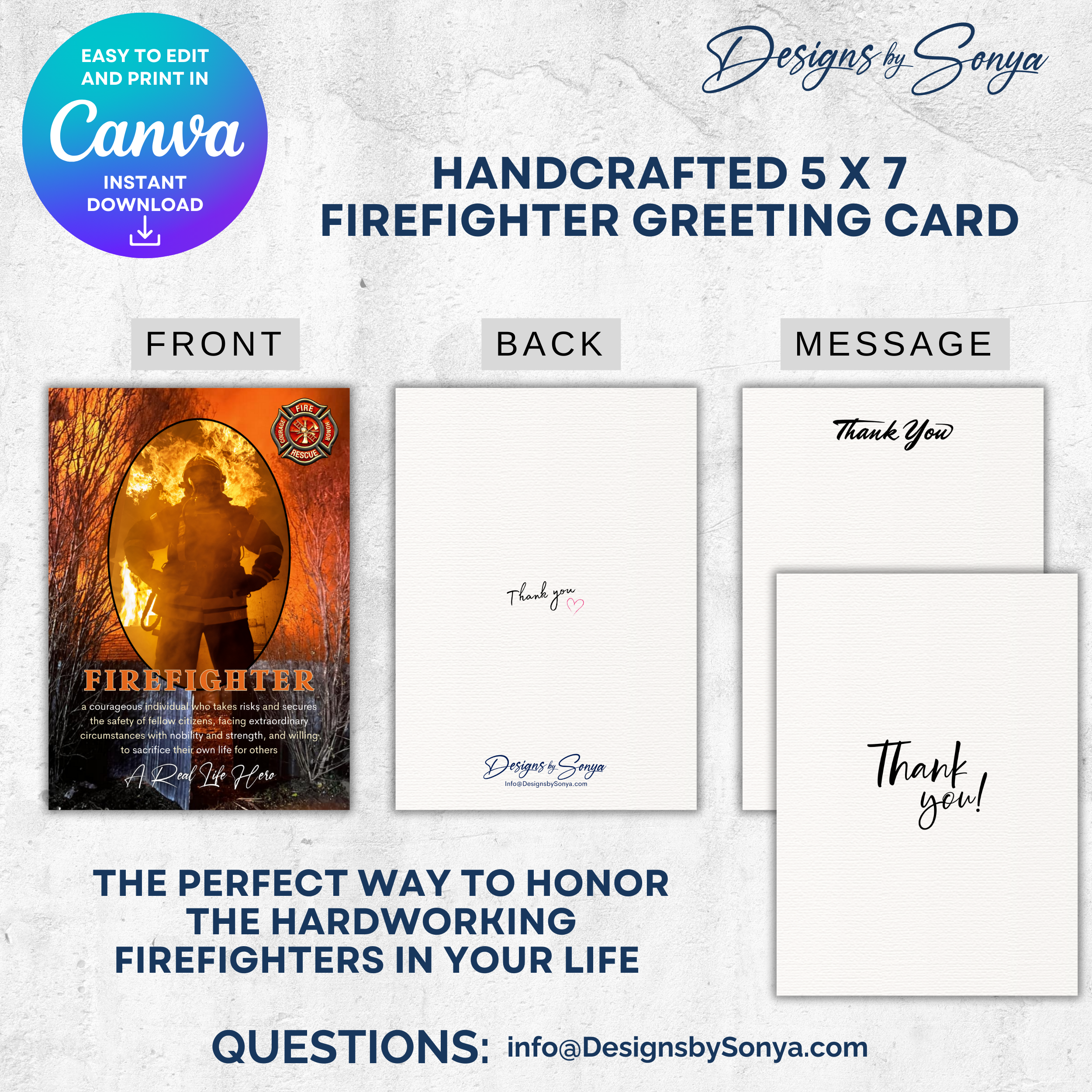 Firefighter Thank You Card | Editable Printable Canva Template | Fireman Appreciation Gift | First Responder Greeting Card, Instant Download