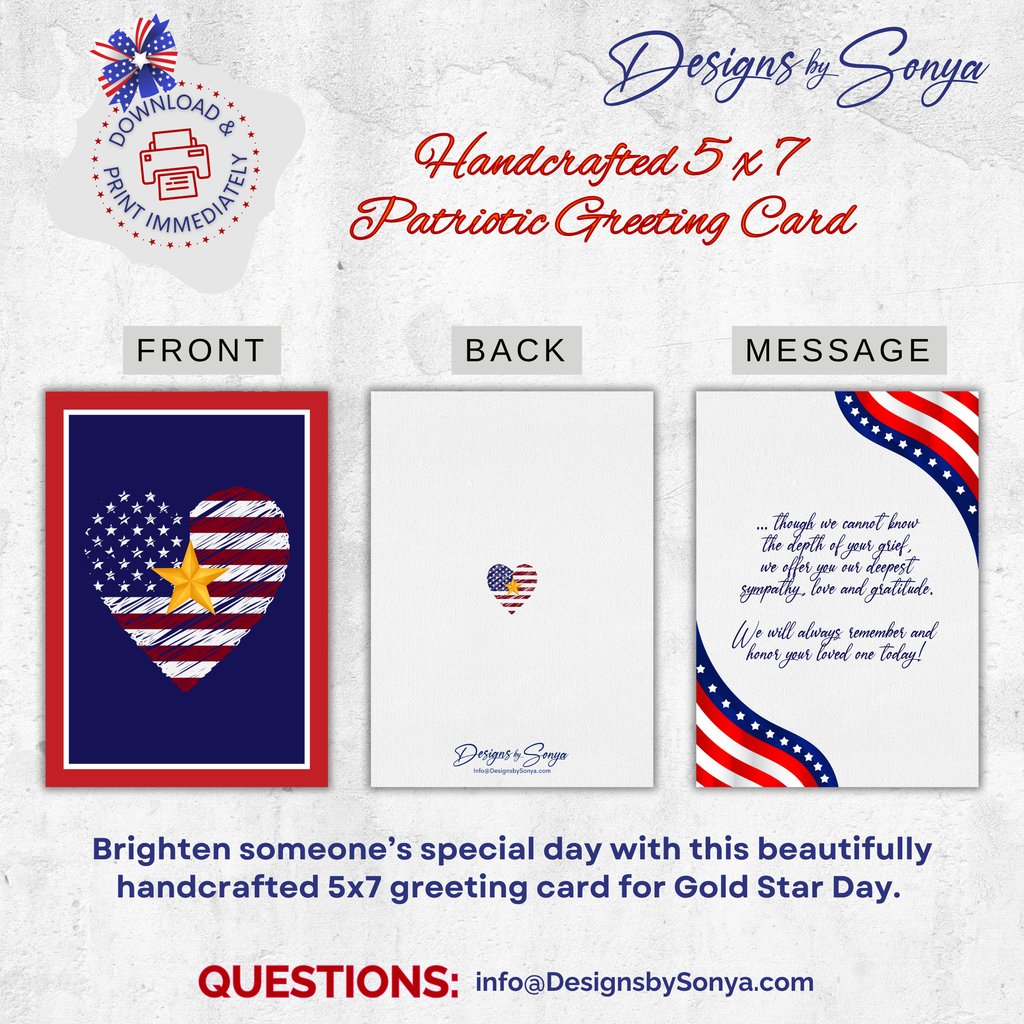 Gold Star Day Heart Flag Greeting Card, Printable Patriotic Sympathy Card, 5x7 Memorial Tribute, Military Grief Support, Instant Download