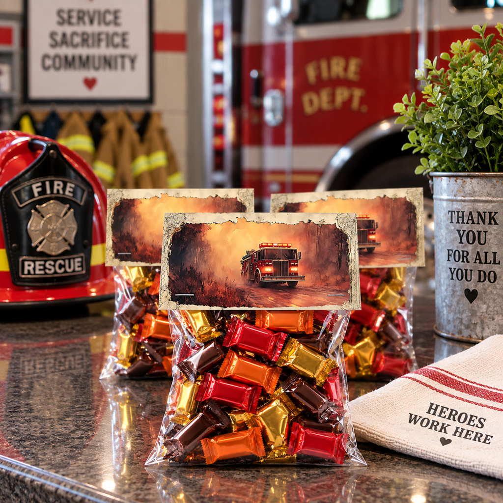 Printable Firefighter Treat Bag Topper, First Responder Appreciation Gift, Fire Department Thank You Favor, 4x4 Bag Printable
