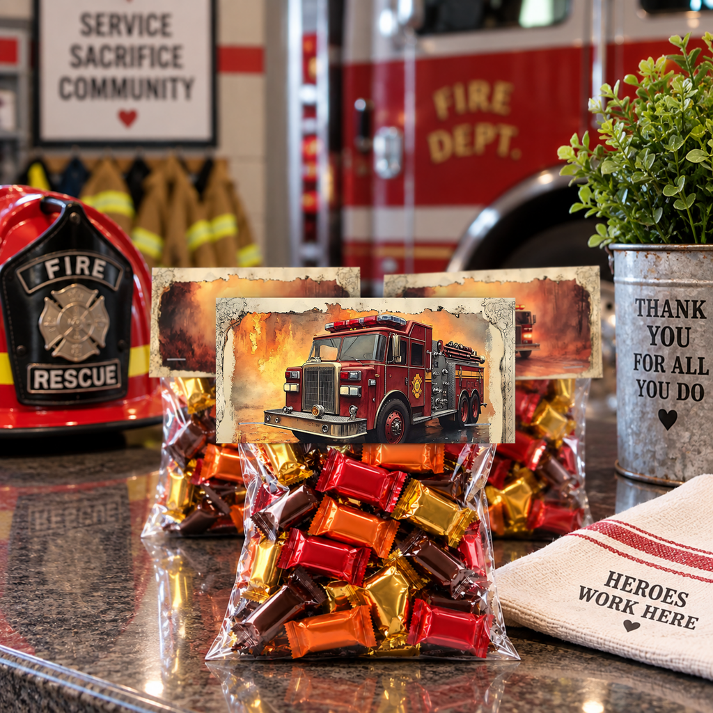 Printable Firefighter Treat Bag Topper, Fire Department Appreciation Gift, First Responder Thank You Favor, Firefighter Gift Bag Printable