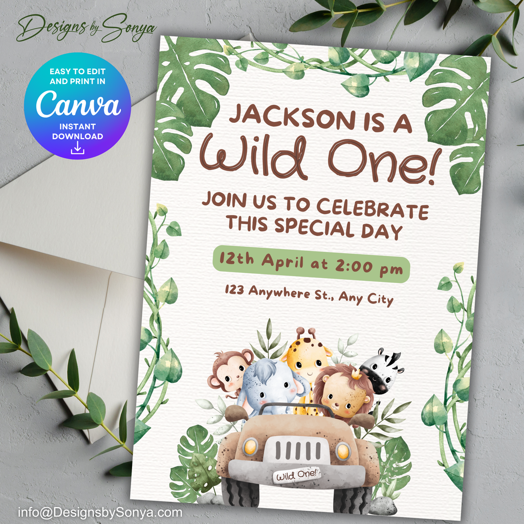 Wild One Safari Birthday Invitation | Jungle Animal Party Invite | Editable Canva Template | Printable 5x7 Kids Birthday Invitation Digital Download
