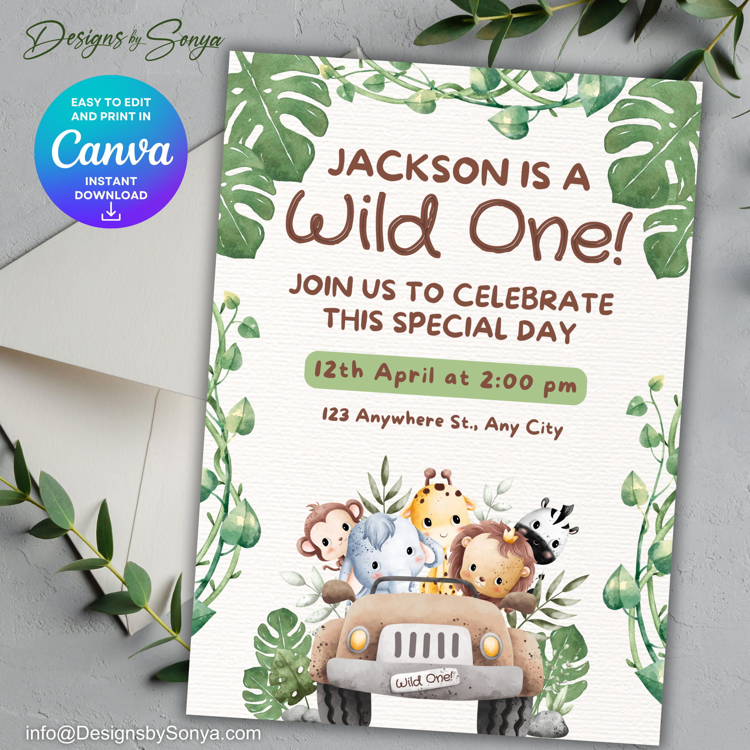 Wild One Safari Birthday Invitation | Jungle Animal Party Invite | Editable Canva Template | Printable 5x7 Kids Birthday Invitation Digital Download