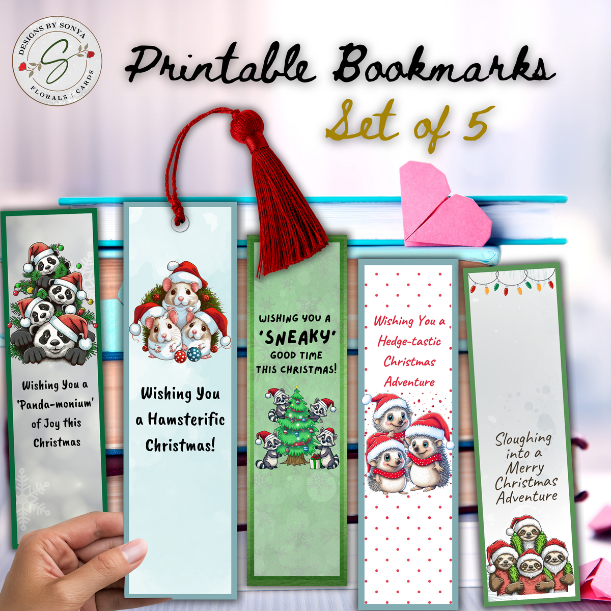 Printable Christmas Bookmarks | Set of 5 Cute Animal Holiday Bookmarks | Classroom Gifts, Teacher Gifts & Stocking Stuffers | 2 x 7 PDF