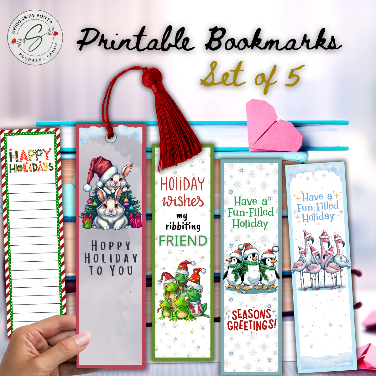 Printable Christmas Bookmarks | Set of 5 Holiday Animal Bookmarks | Flamingos, Frogs, Penguins & Bunnies | Classroom Gifts | 2 x 7 PDF