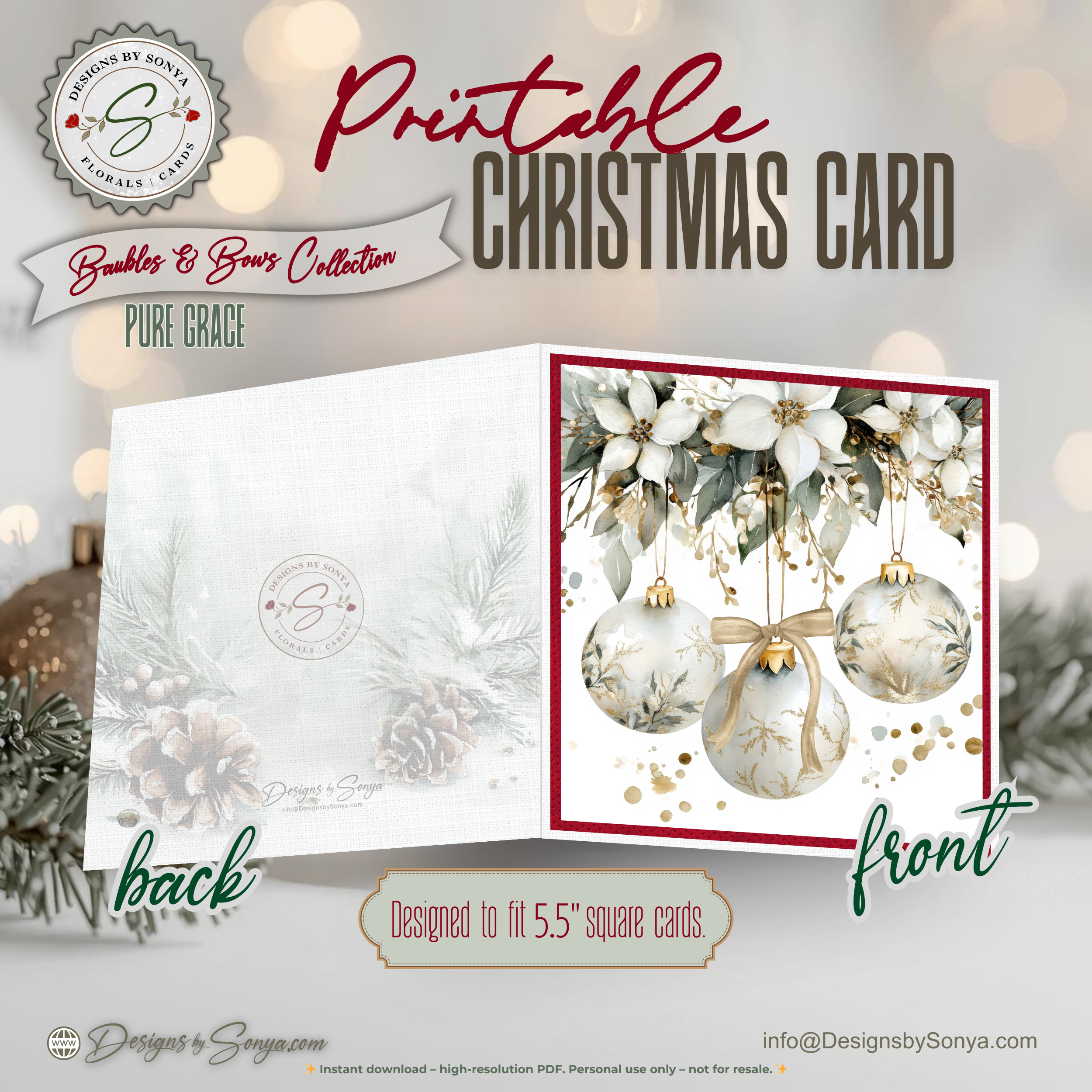 Ivory & Gold Ornament Watercolor Printable Christmas Card – Elegant Holiday Greeting Note Card for Family & Friends – 5.5” Square Card