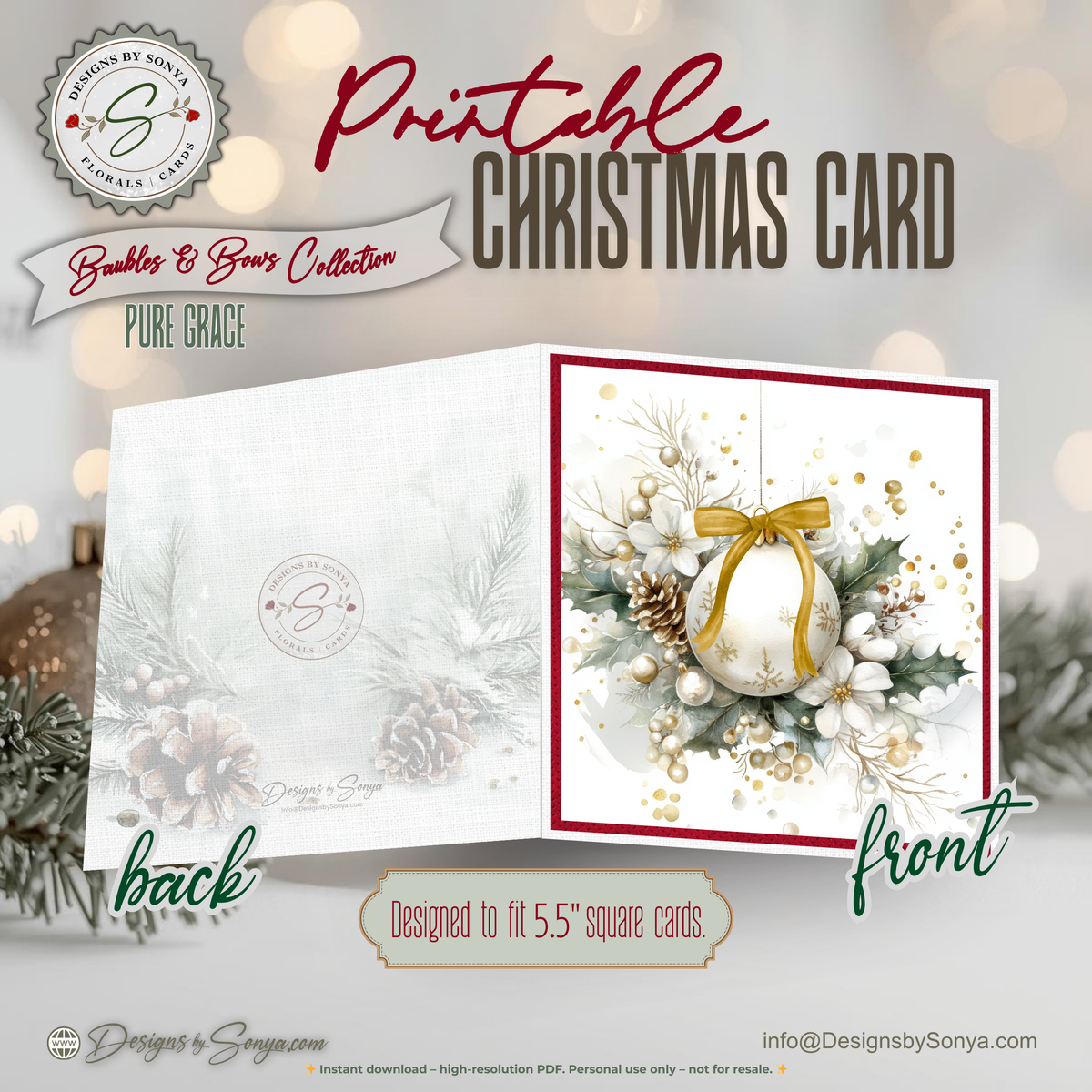 Printable Christmas Card | Gold Bow Ornament with Holly, Pinecones & Winter Florals | Elegant Holiday Card