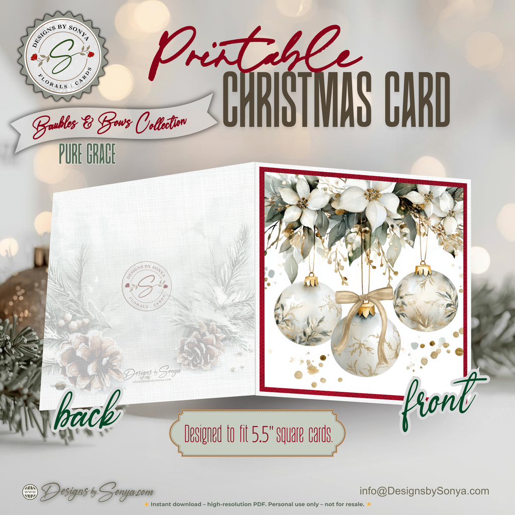 Watercolor Christmas Card Printable | White Ornaments & Winter Florals | Elegant Holiday Greeting Card