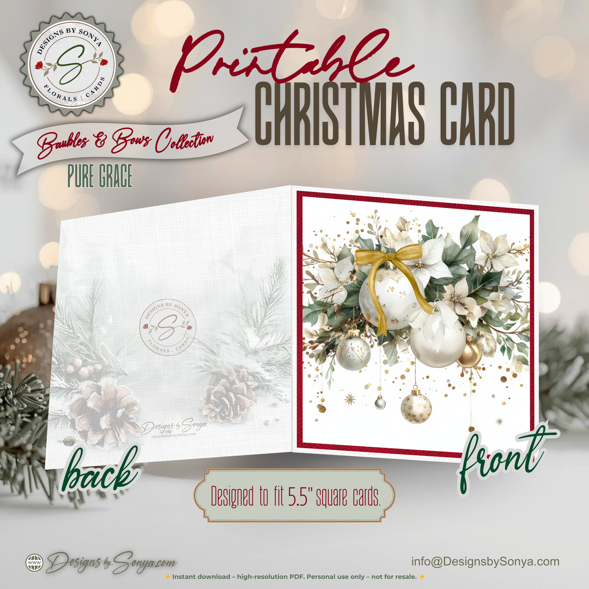 Printable Christmas Greeting Card | Gold & White Ornaments with Poinsettias | Elegant Watercolor Holiday Card
