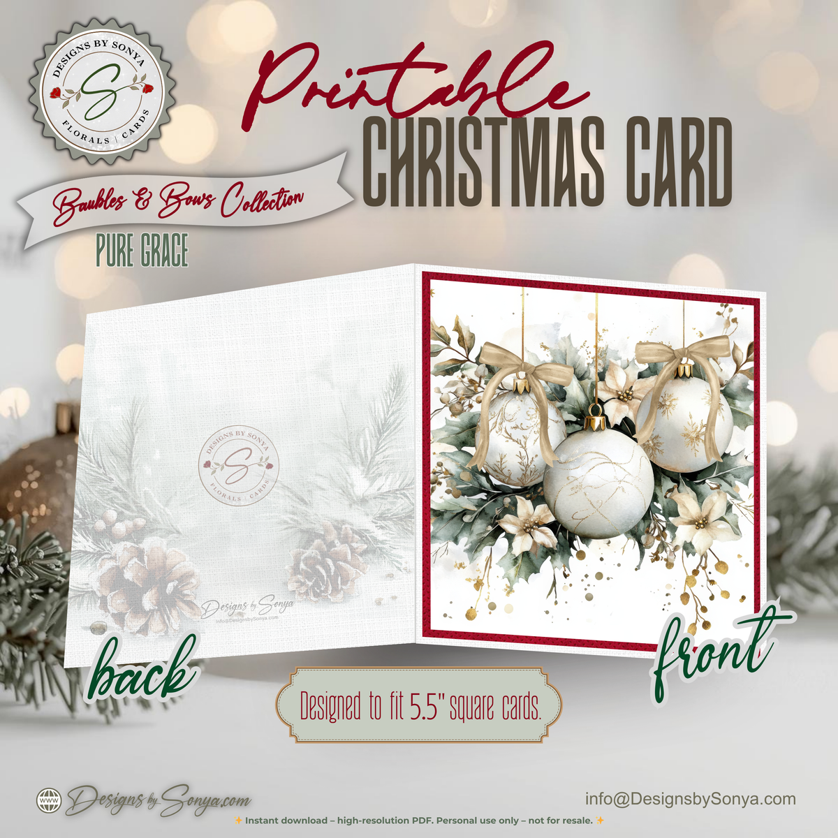 Printable Holiday Card | White & Gold Christmas Ornaments with Poinsettias | Elegant Square Card