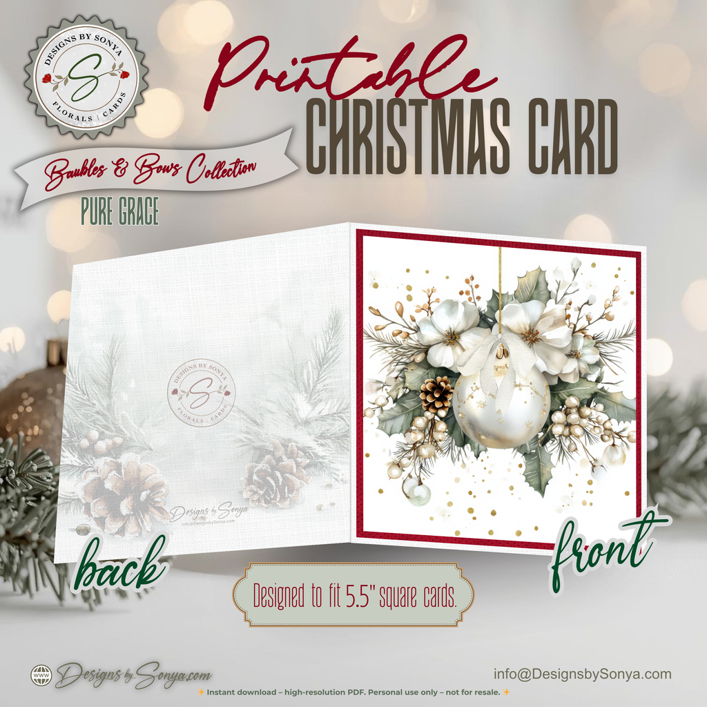 Printable Christmas Card | White Ornament with Poinsettias & Holly | Elegant Watercolor Holiday Card