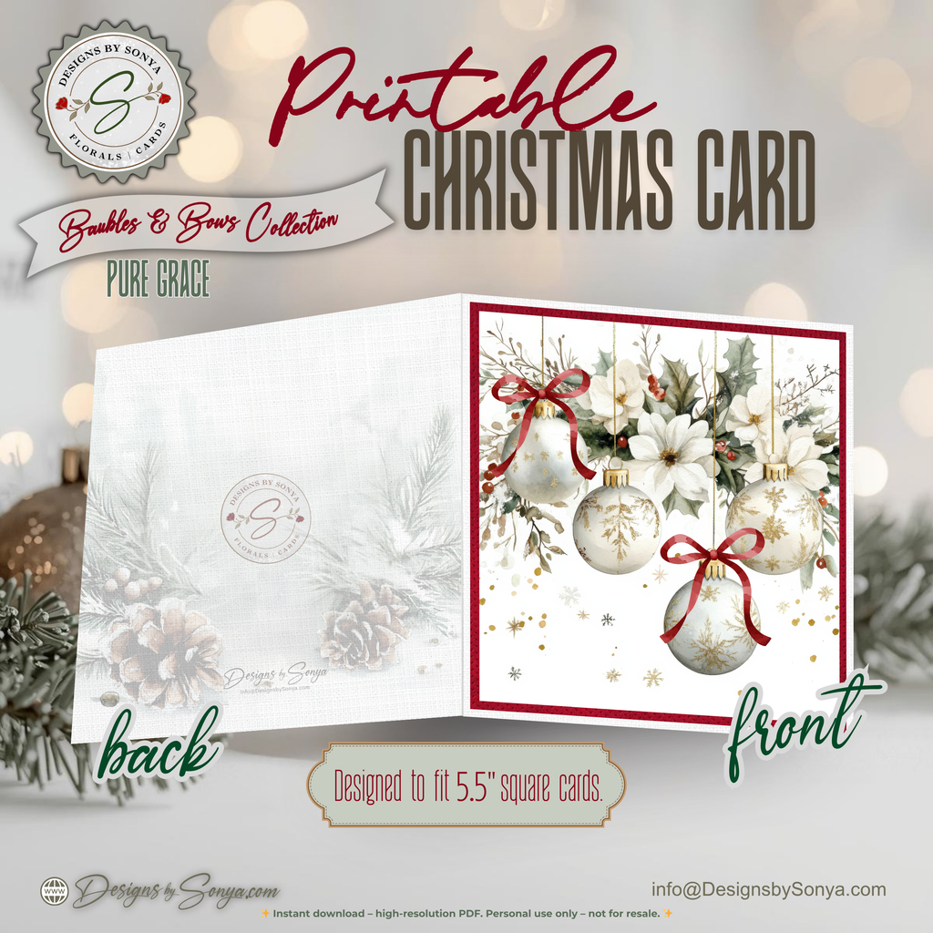 Printable Christmas Card | Red Bow Ornaments with Holly & Winter Florals | Elegant Holiday Card
