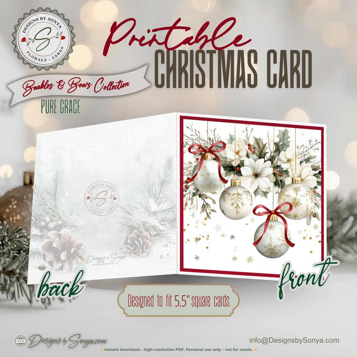 Printable Christmas Card | Red Bow Ornaments with Holly & Winter Florals | Elegant Holiday Card