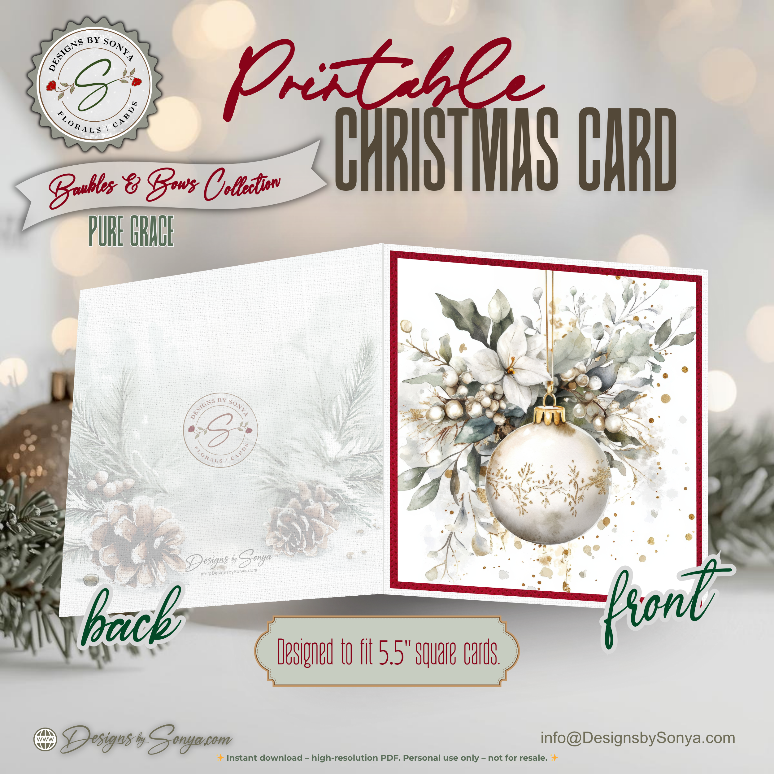 Ivory & Gold Ornament Watercolor Printable Christmas  5.5” Square Card – Elegant Holiday Greeting Note Card for Family and Friends