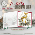 Watercolor Christmas Card Printable | Gold Ribbon Ornaments & Evergreen | Elegant Square Holiday Card