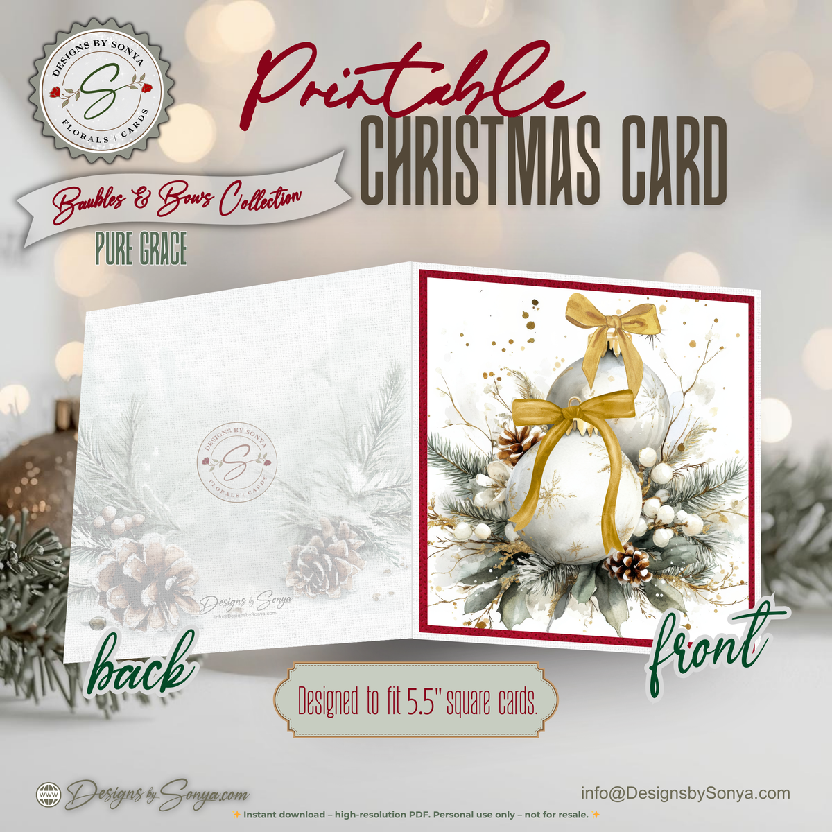Watercolor Christmas Card Printable | Gold Ribbon Ornaments & Evergreen | Elegant Square Holiday Card