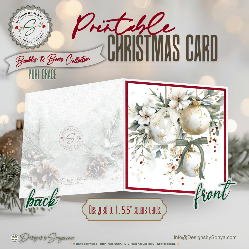 Elegant Printable Christmas Card | Watercolor Ornaments with Bows & Winter Florals | Holiday Greeting Card