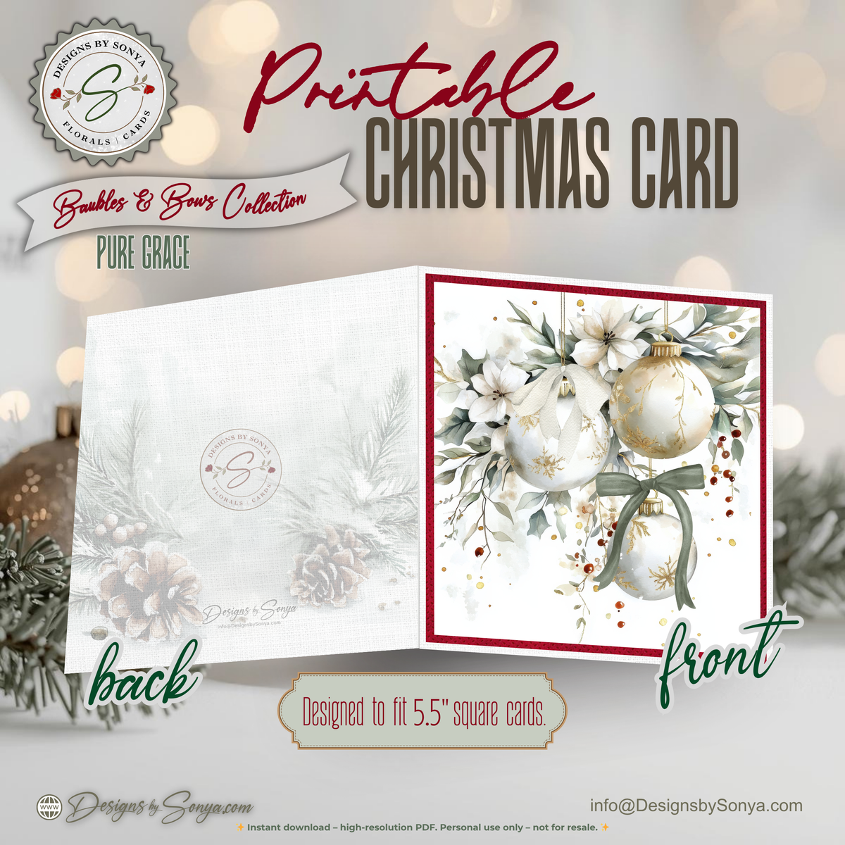 Elegant Printable Christmas Card | Watercolor Ornaments with Bows & Winter Florals | Holiday Greeting Card