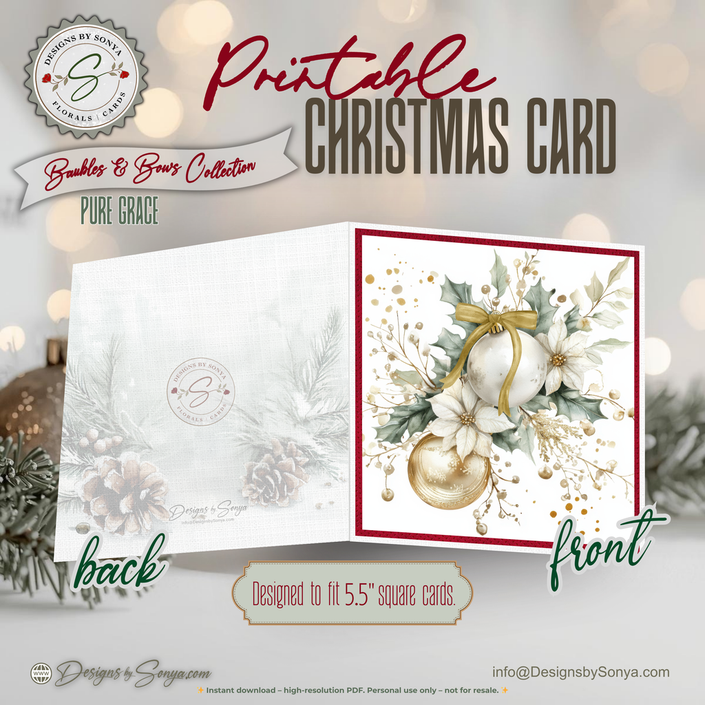 Printable Christmas Card | Gold Bow Ornaments with Evergreen & Pinecones | Elegant Holiday Card