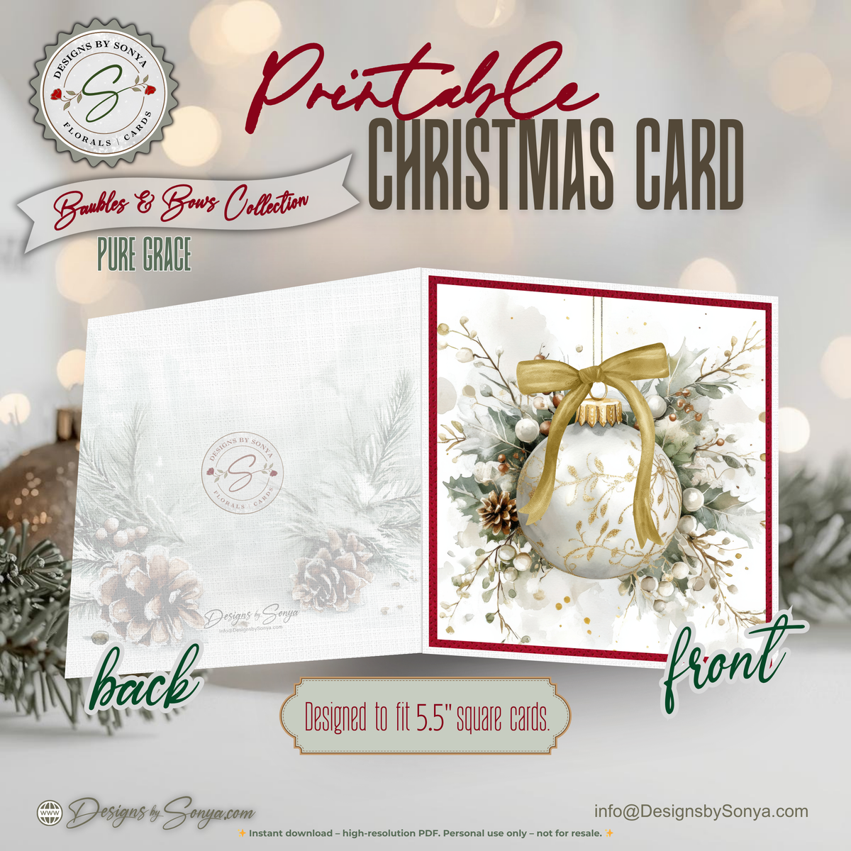 Elegant Printable Christmas Card | Gold Bow Ornament with Holly & Pinecones | Watercolor Holiday Card