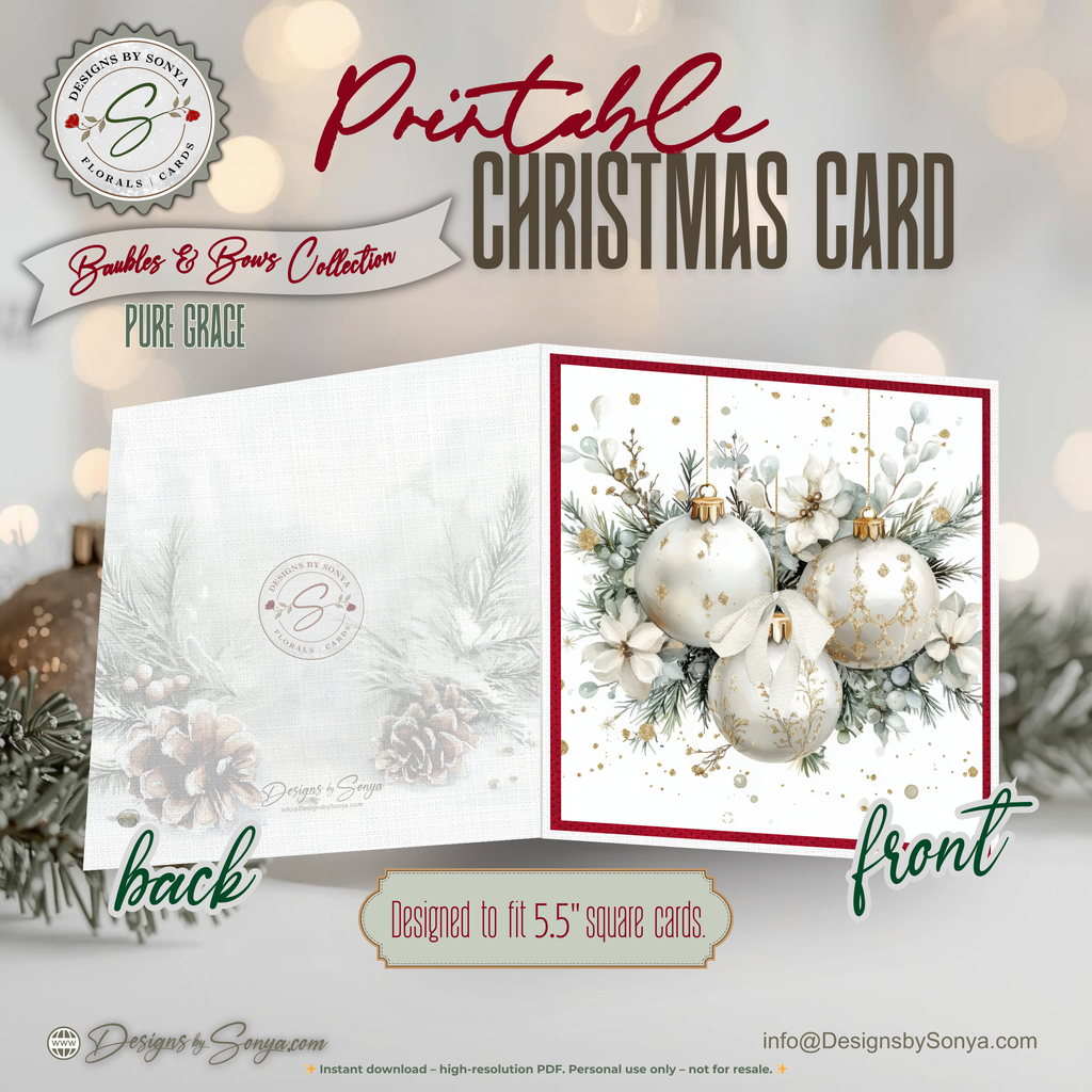 Elegant Christmas Card Printable | White & Gold Ornaments with Winter Florals | Square Holiday Card