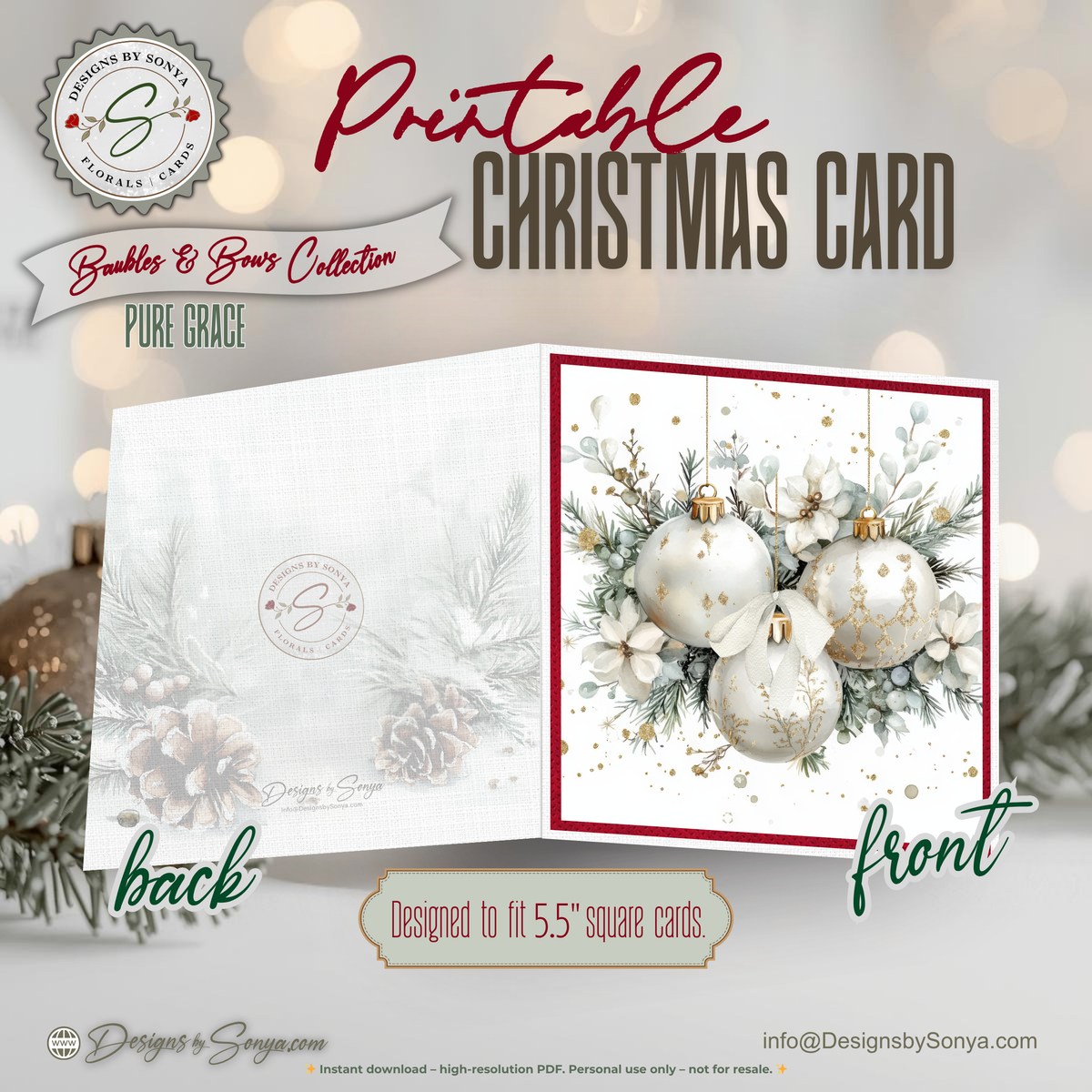 Elegant Christmas Card Printable | White & Gold Ornaments with Winter Florals | Square Holiday Card