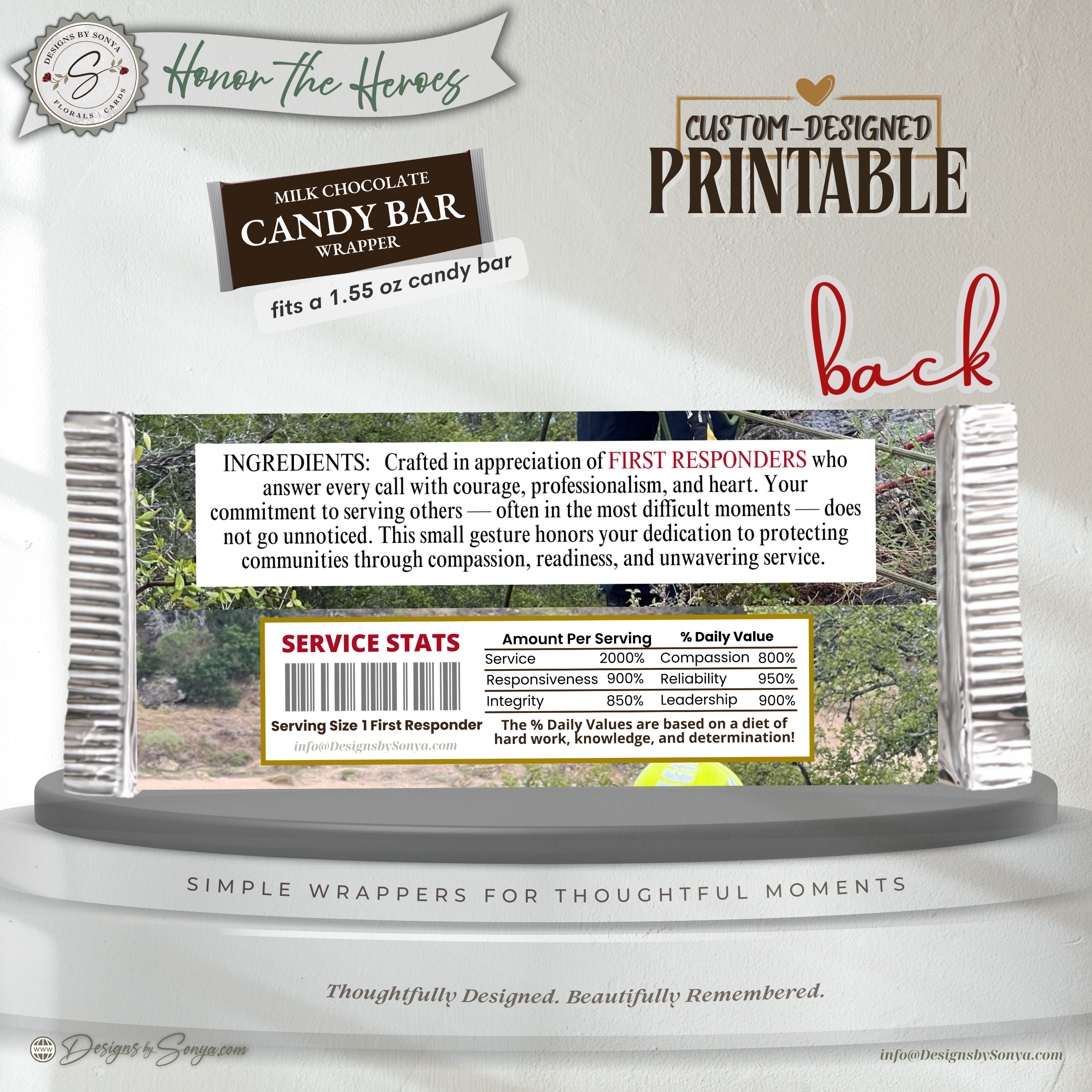 Honor the Heroes First Responder Candy Bar Wrapper Printable – Customer Service Always Answering the Call – Thank You Gift Favor – 1.55 oz Chocolate Bar