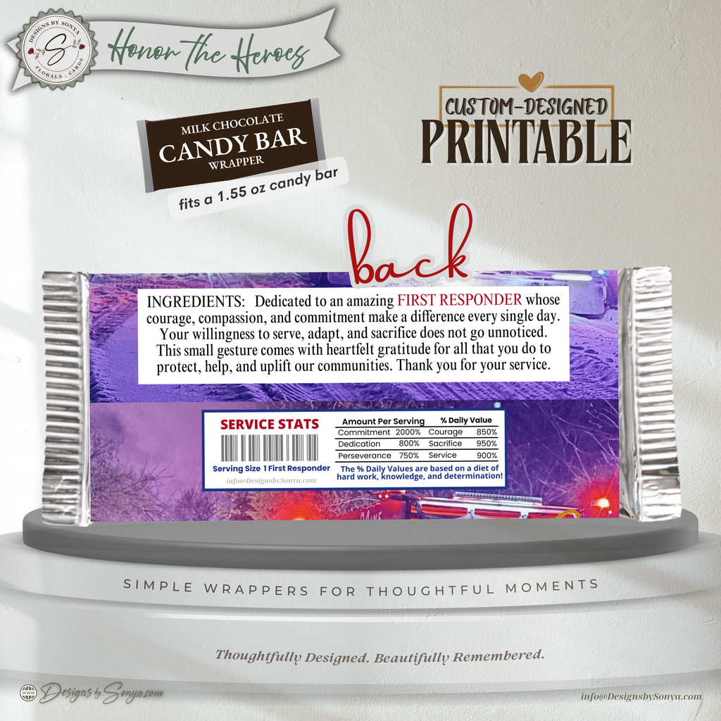 First Responder Candy Bar Wrapper Printable – Thank You Firefighter EMT Gift – Honor the Heroes Chocolate Wrapper – Fits 1.55 oz Candy Bar - Instant Download