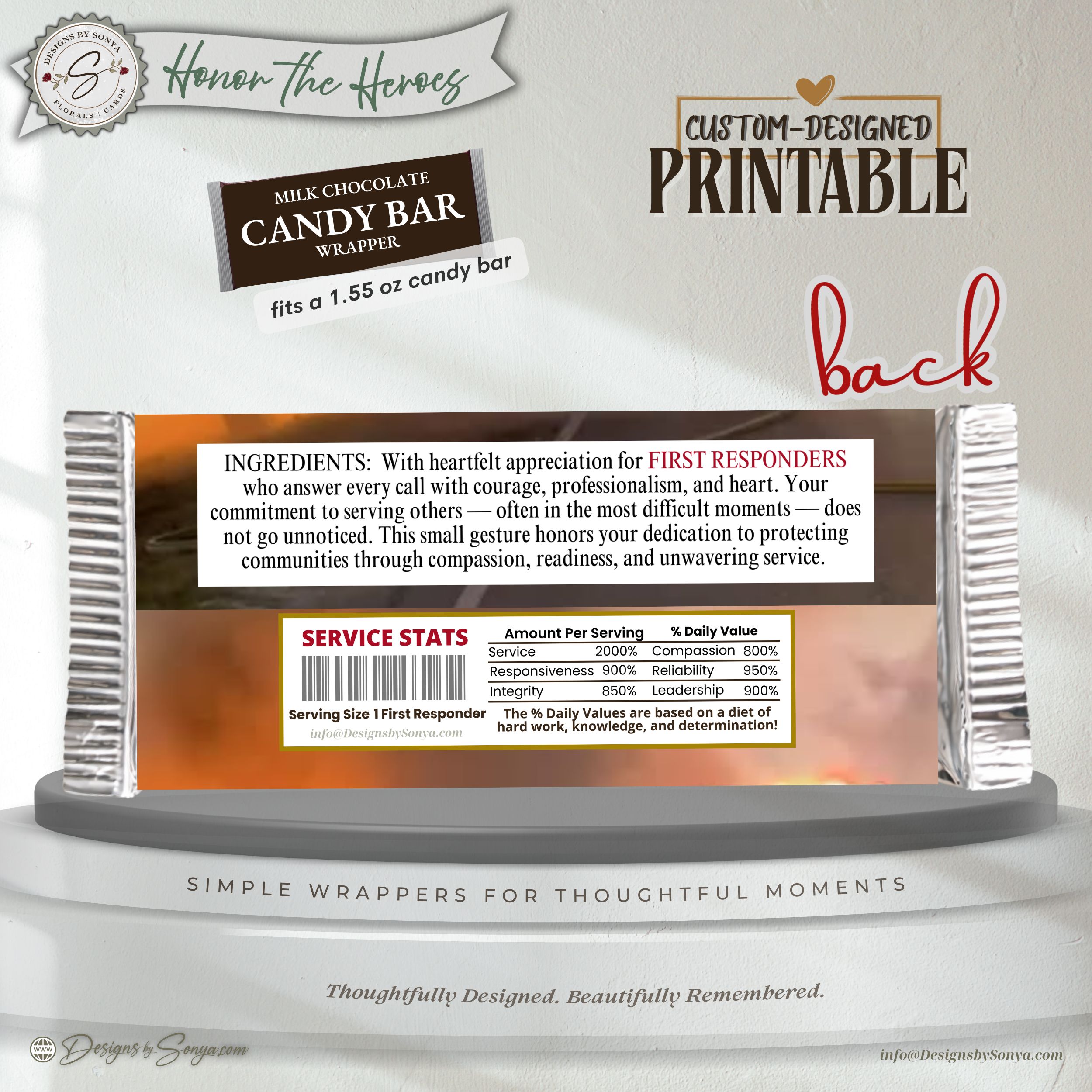 Customer Service First Responder Candy Bar Wrapper Printable – Honor the Heroes Thank You Gift – Firefighter EMS Police Appreciation - 1.55oz Chocolate Bar