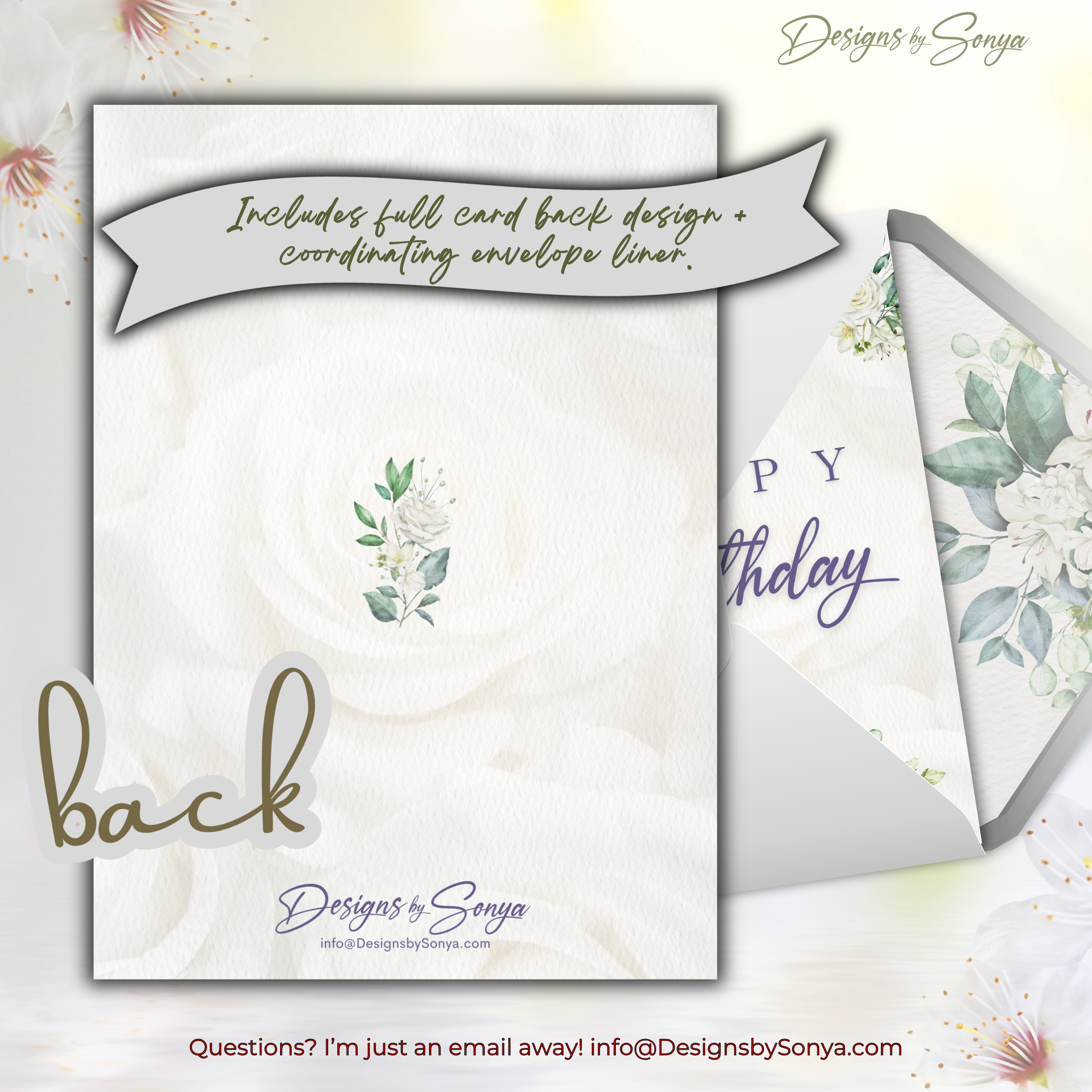 Card Back and Envelope Liner
Back of card with subtle floral emblem and preview of the matching watercolor floral A7 envelope liner for a coordinated, professional presentation.