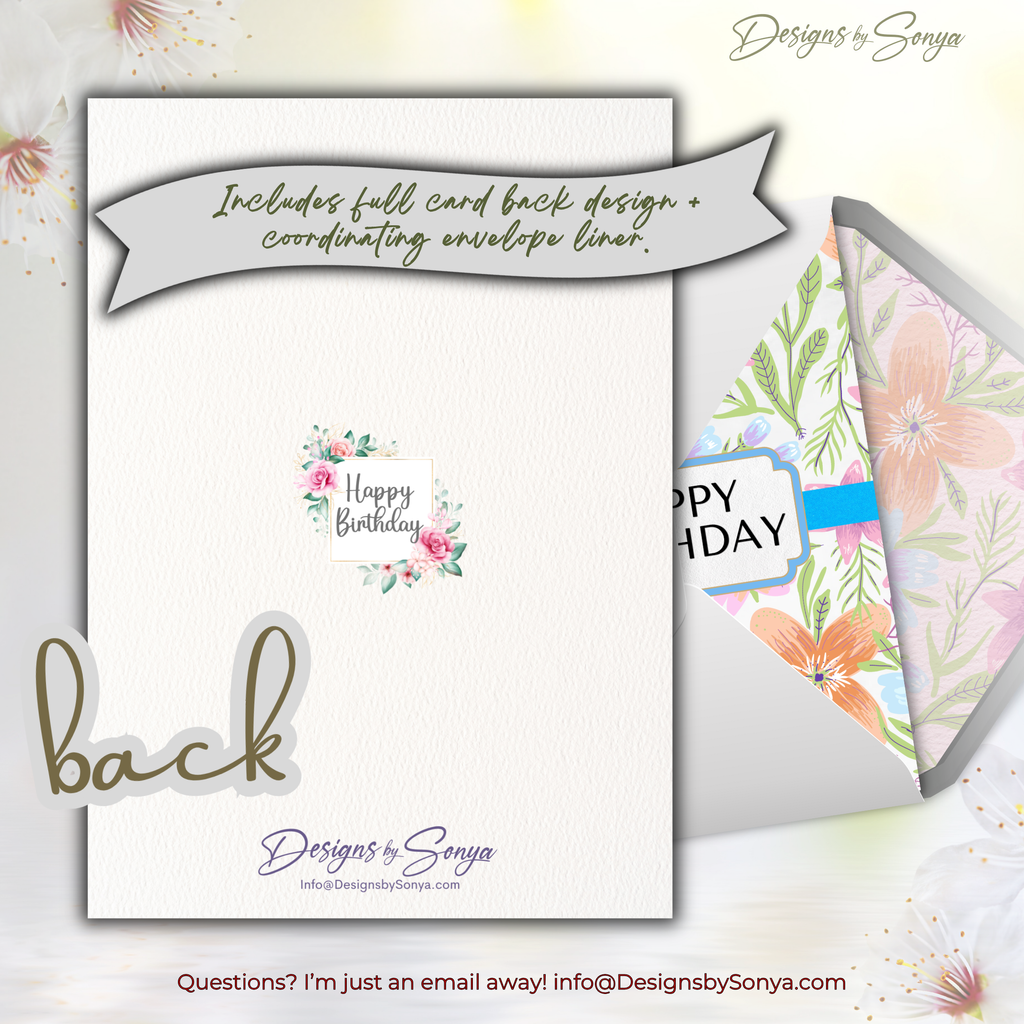 Card Back & Liner Preview
Back of the card with floral emblem and matching pastel floral envelope liner for a coordinated presentation.