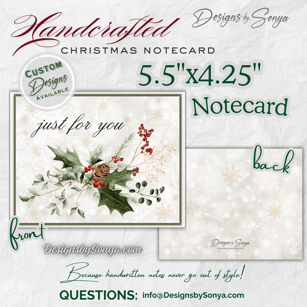 Inside of Notecard
Blank interior of handcrafted Christmas notecard, 5.5” x 4.25”, designed for writing custom holiday messages, personal greetings, or seasonal thank-you notes.