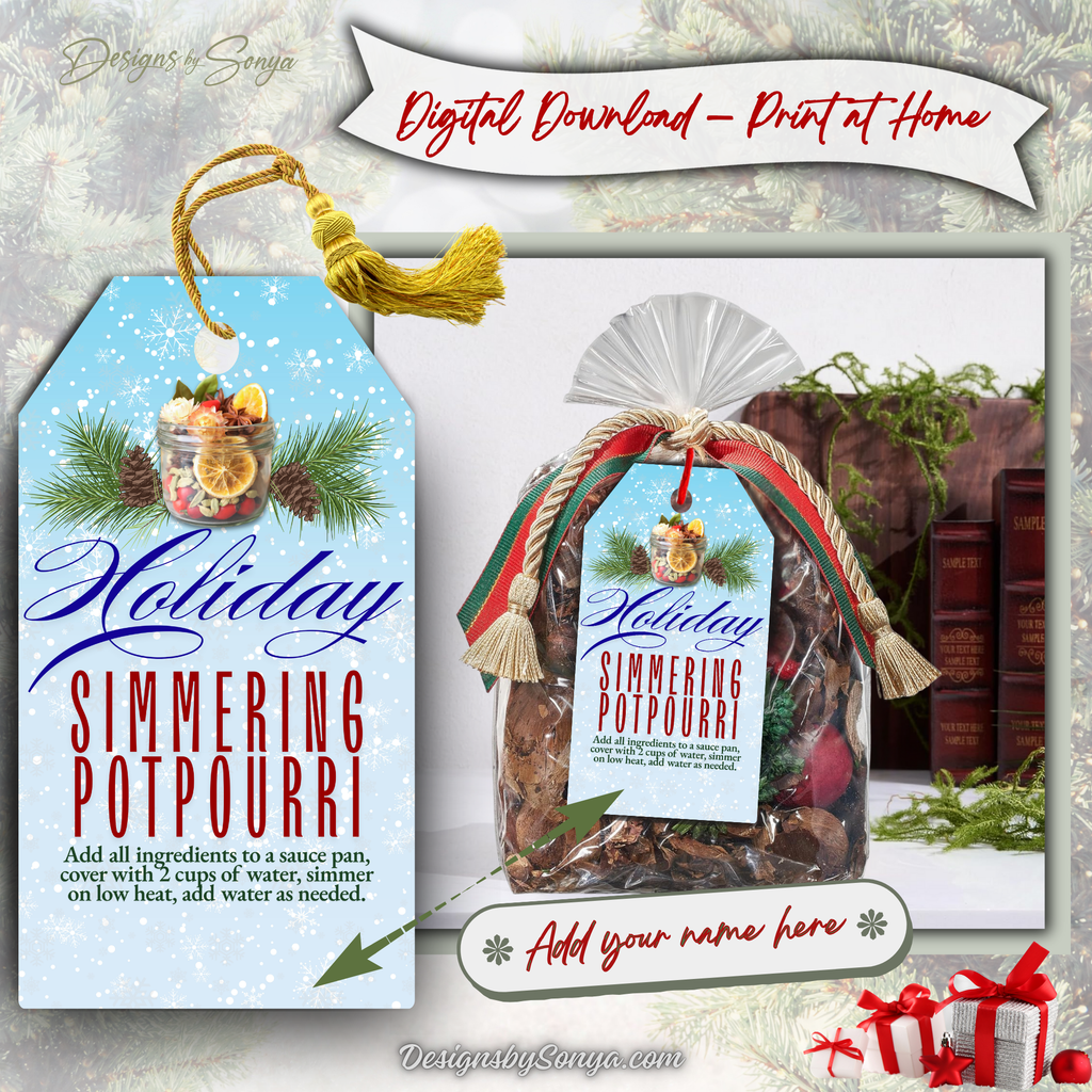 Printable Blue Holiday Potpourri Tag
Blue snowflake simmering potpourri gift tag with pine and citrus illustration, shown on a holiday gift bag. Printable and ideal for teacher gifts, office surprises, and festive neighbor drop-offs.