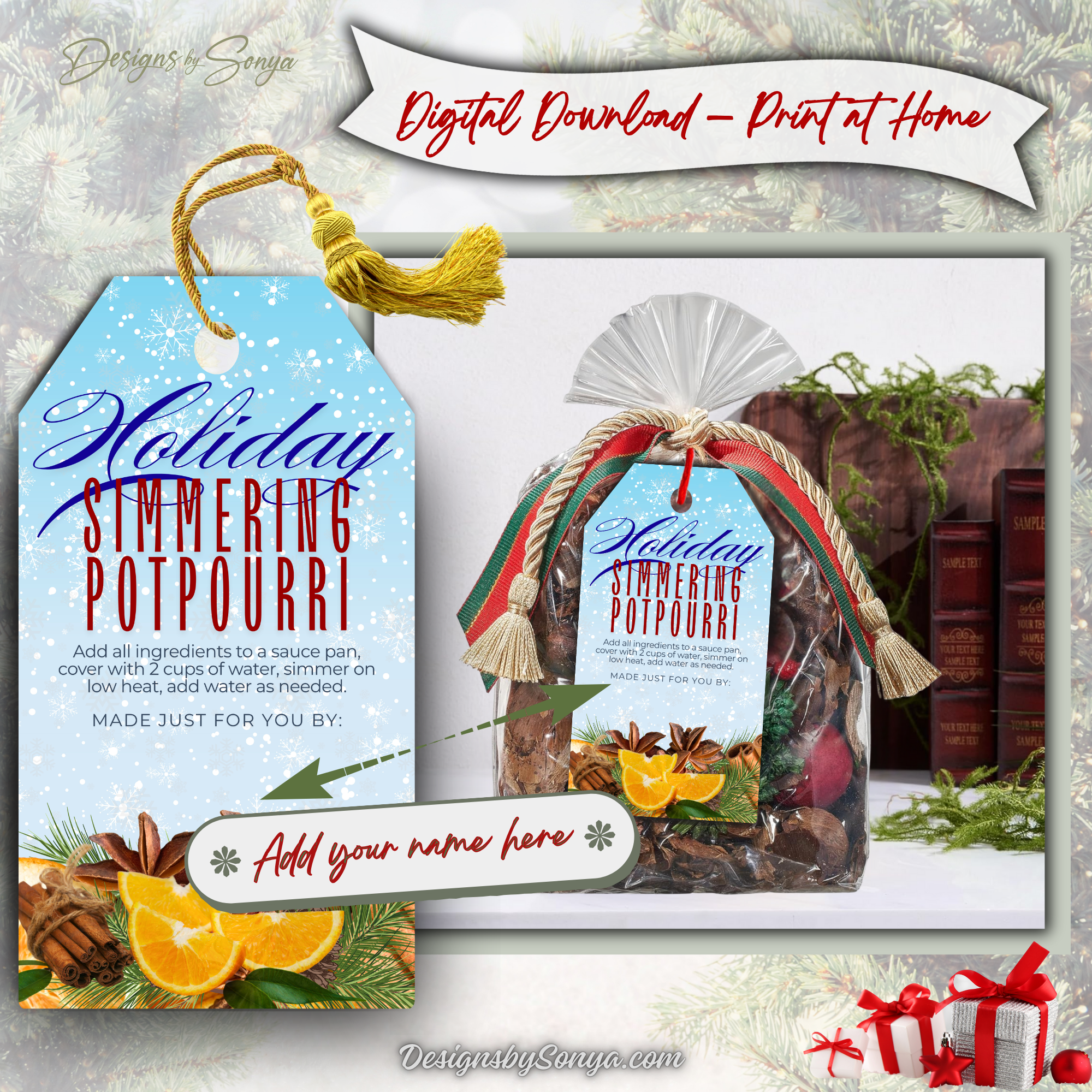 Blue Holiday Potpourri Tag on Gift Bag
Blue snowflake simmering potpourri gift tag with cinnamon and orange illustration, tied to a festive potpourri gift bag. Great for corporate or handmade gifts.