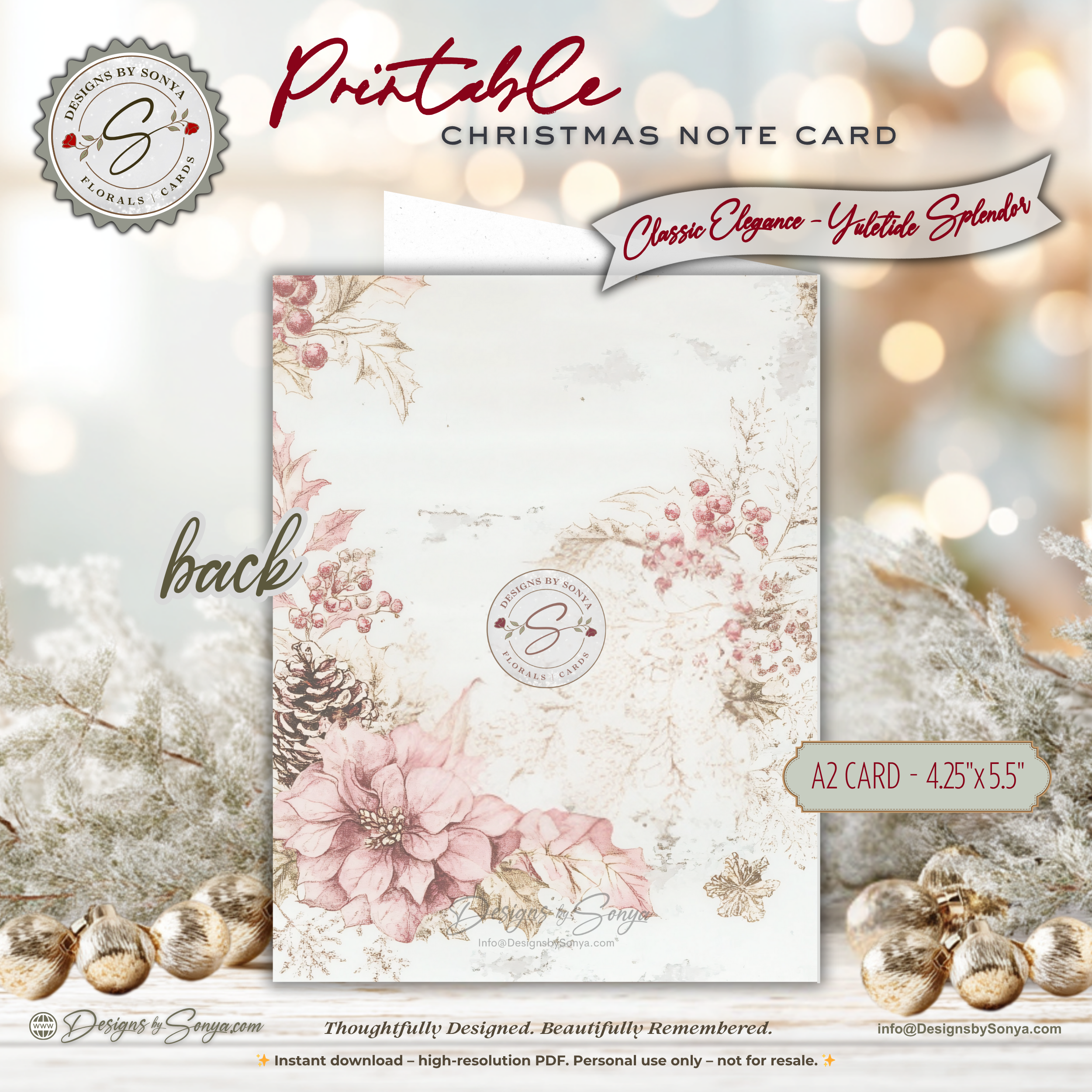 Printable Christmas Card • Vintage Typewriter Holiday Note Card • A2 (4.25" x 5.5") Floral Winter Design • Words of Joy Greeting