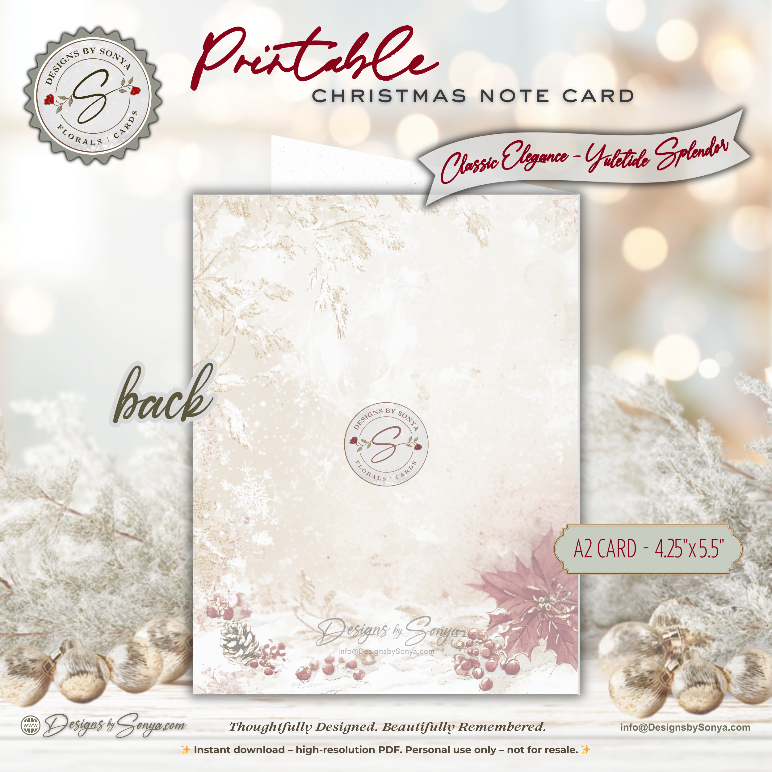 Vintage Sleigh Christmas Note Card, Printable Holiday Greeting Card, Dashing Through the Snow, A2  (4.25x5.5"), Elegant Christmas Stationery