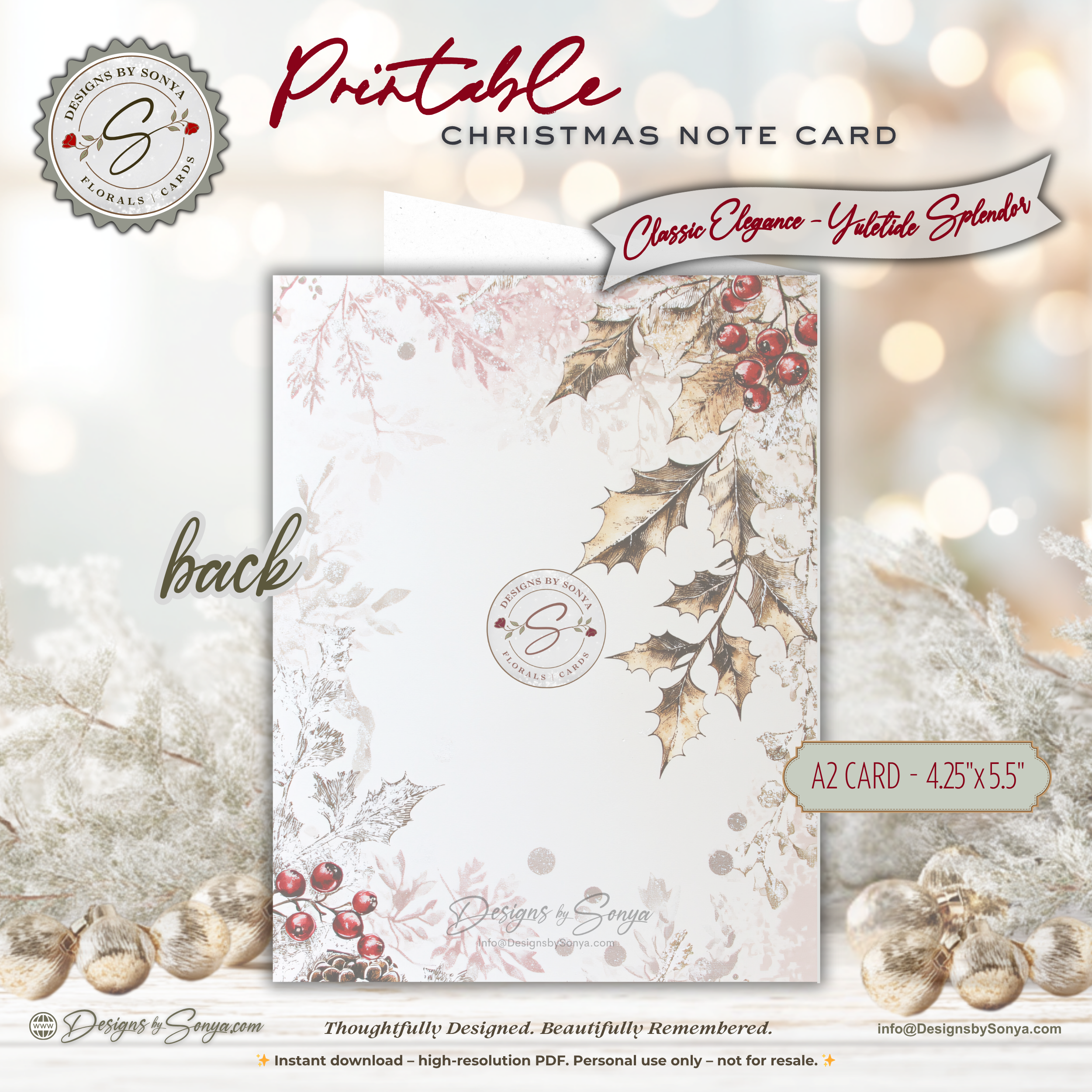Floral Gift Box Christmas Printable Card • A2 (4.25" x 5.5") Folded Holiday Greeting Note Card • Winter Rose Bouquet Design • Christmas Stationery
