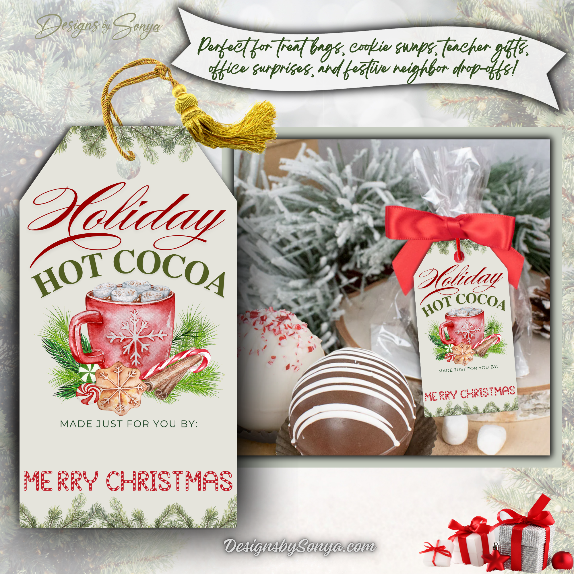 Holiday Cocoa Tag on Cocoa Bomb Gift Bag
Printable holiday hot cocoa tag tied to a cocoa bomb bag with a red ribbon, perfect for Christmas party favors and corporate treats.