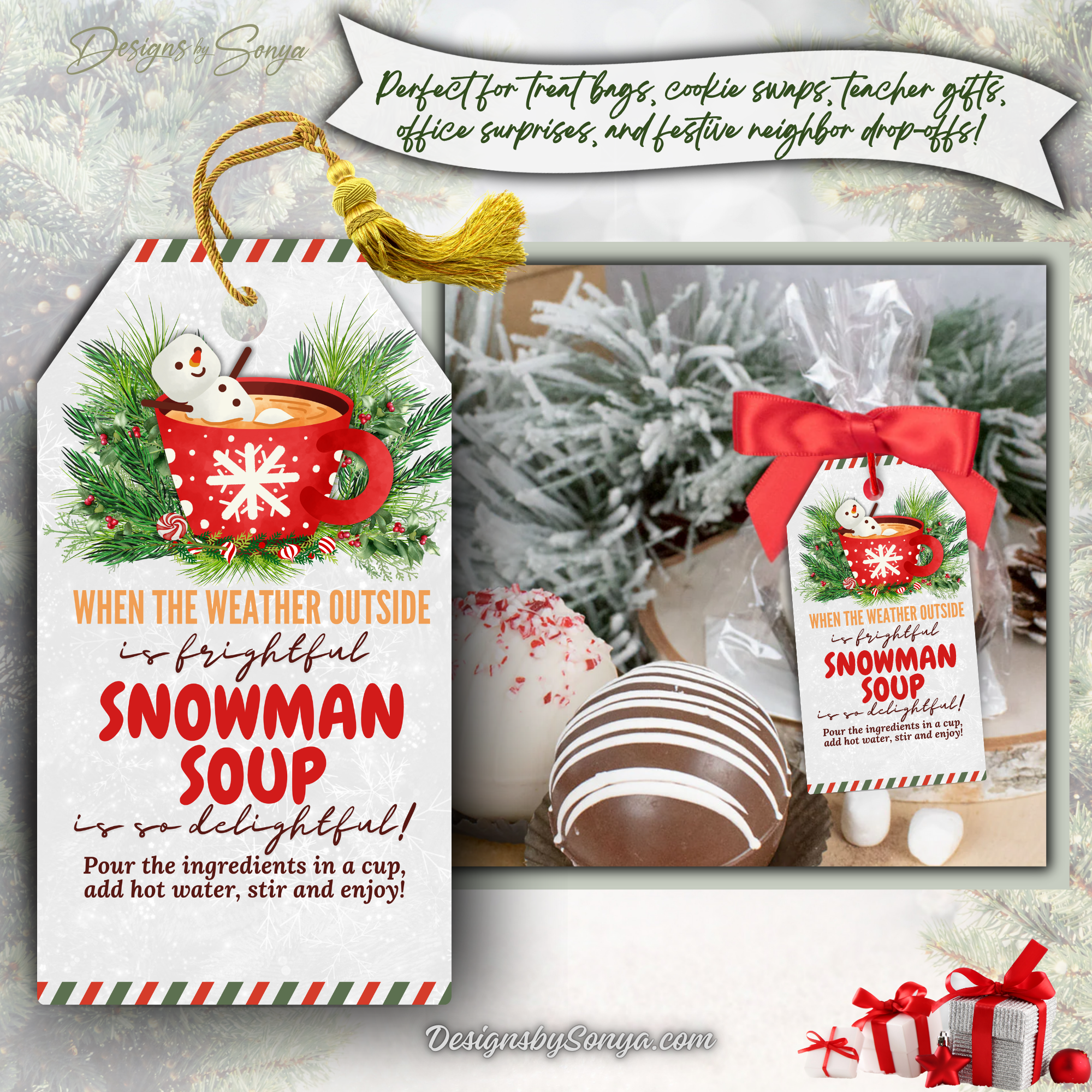 Snowman Soup Tag on Cocoa Bomb Bag
Snowman Soup printable gift tag tied with a ribbon to a cocoa bomb treat bag, ideal for holiday party favors, office gifts, or neighbor drop-offs.