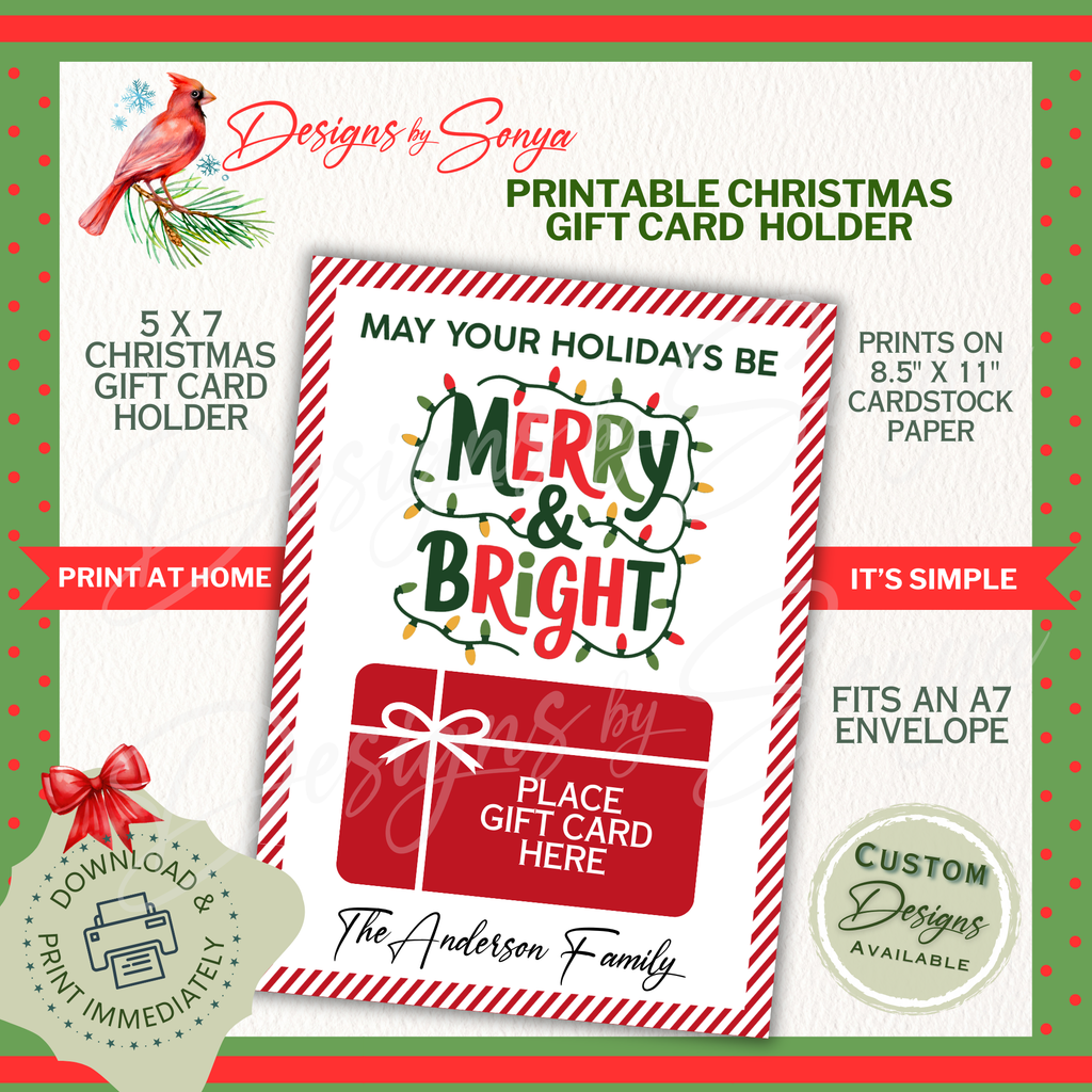 Holiday Gift Card Holder Printable Details
Printable Christmas gift card holder, 5x7 inches, prints on 8.5x11 cardstock, fits A7 envelope, designed for easy at-home printing.