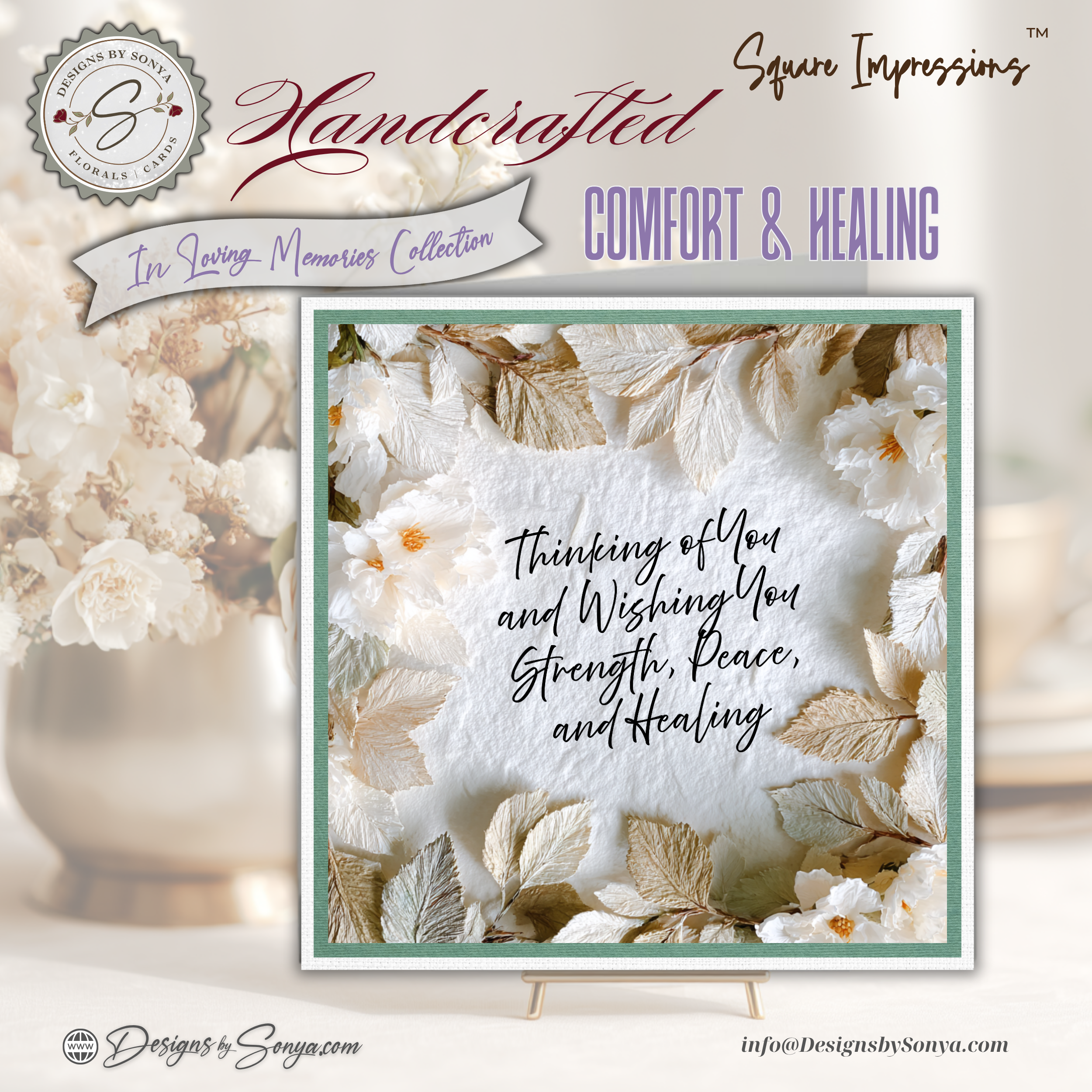 Handcrafted Sympathy Card – Comfort & Healing Square Design with Lined Coordinated Envelope, Thinking of You, Grief Support, Memorial Gift